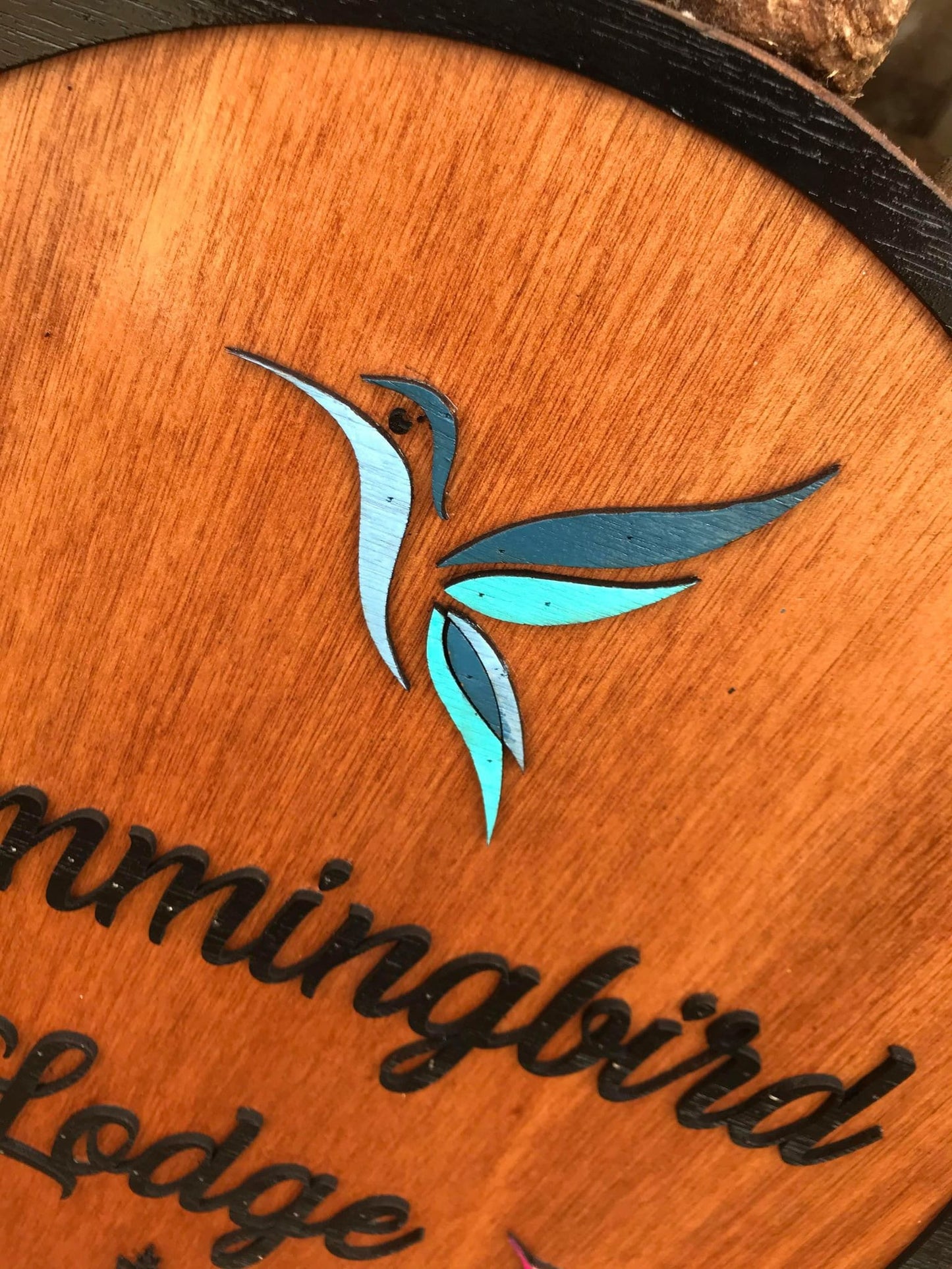 Custom Lodge Sign Hummingbird 3D Raised Bird Large Wood Cabin BNB Rental Colorful Rustic Business Sign Text Oval Indoor Outdoor