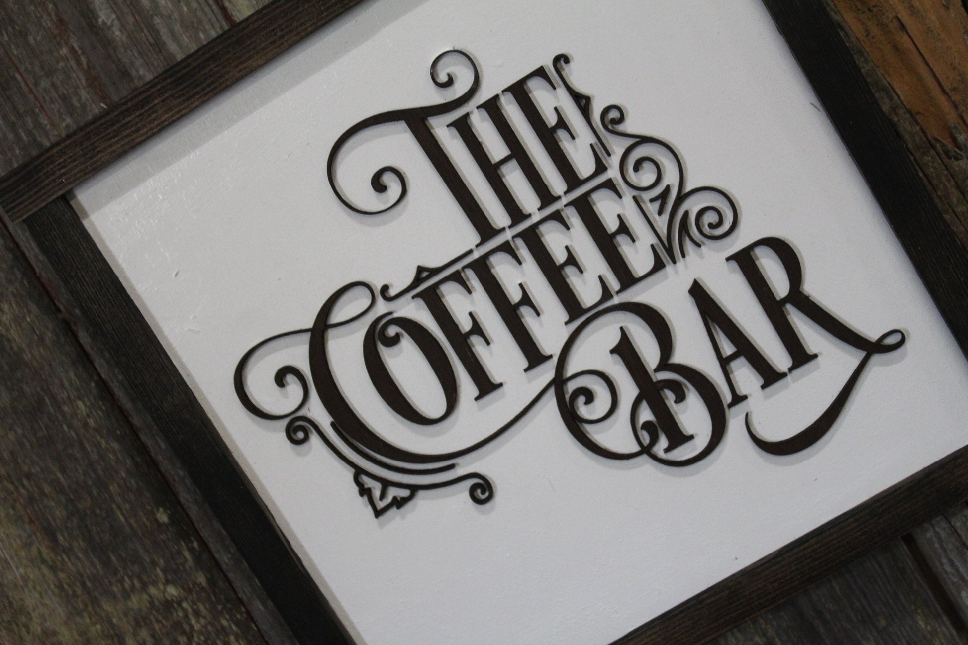 The Coffee Bar Raised 3D Wood Black White Scroll Text Décor Decoration Wall Art Farmhouse Rustic Handmade Accessories Kitchen