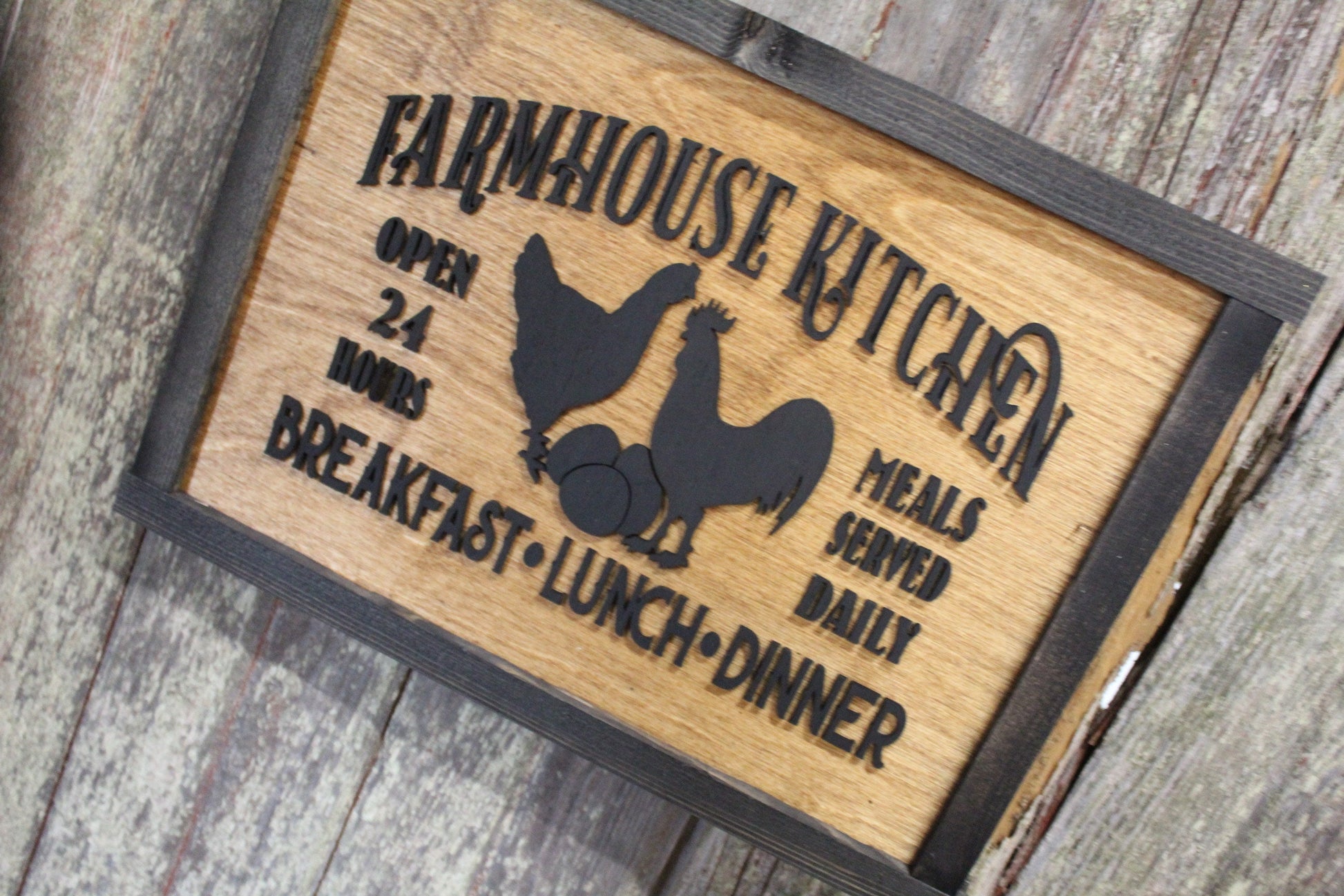 Farmhouse Menu Kitchen Wood Sign Chickens Open 24 Hours Meals Served Daily 3D Raised Text Framed Primitive Cabin Rustic Sign Chick Eggs