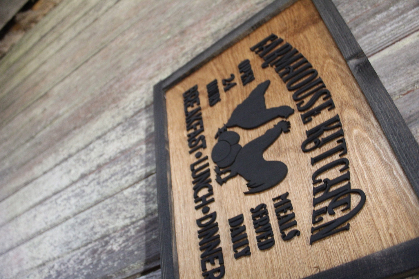 Farmhouse Menu Kitchen Wood Sign Chickens Open 24 Hours Meals Served Daily 3D Raised Text Framed Primitive Cabin Rustic Sign Chick Eggs