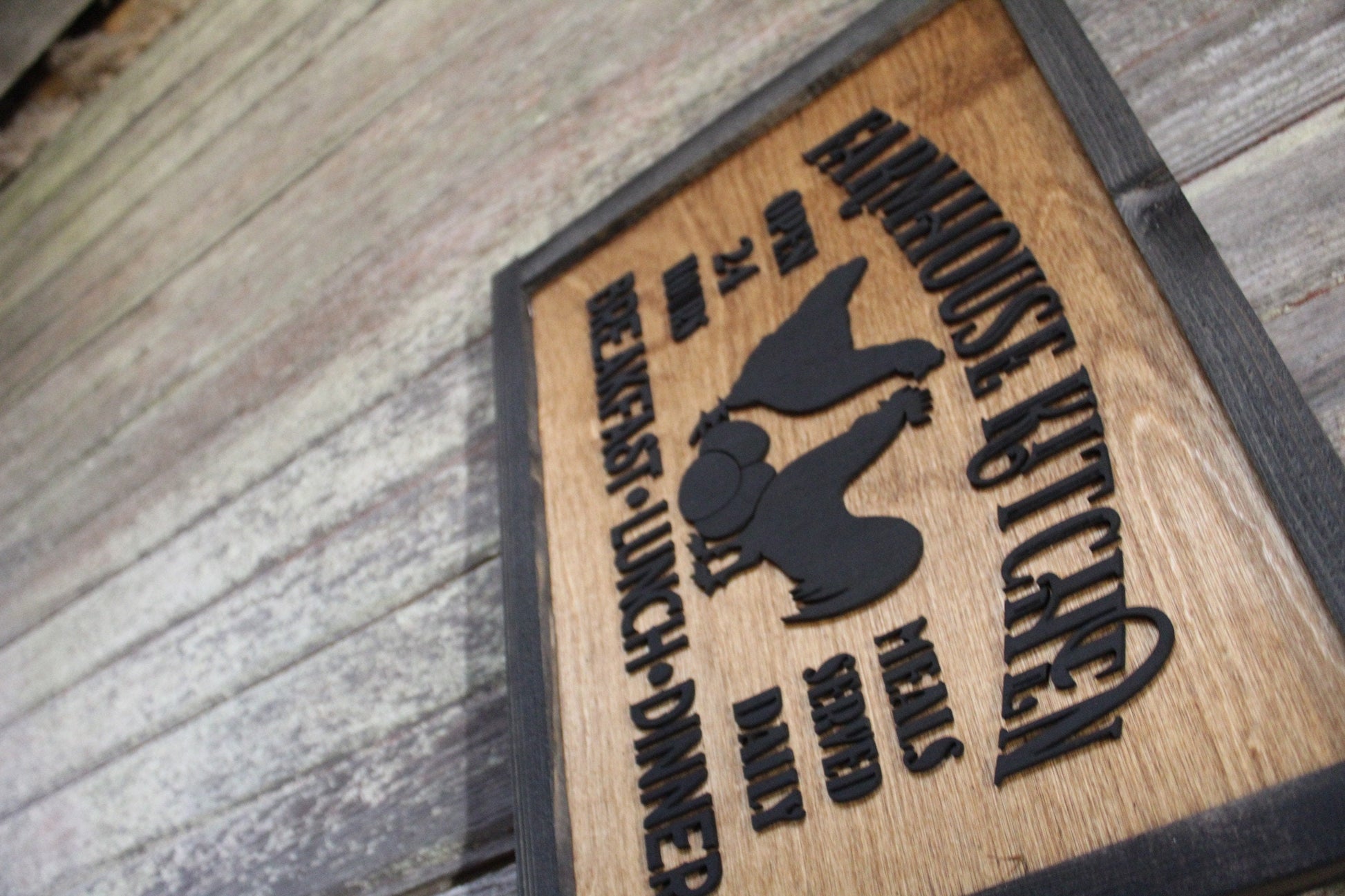 Farmhouse Menu Kitchen Wood Sign Chickens Open 24 Hours Meals Served Daily 3D Raised Text Framed Primitive Cabin Rustic Sign Chick Eggs