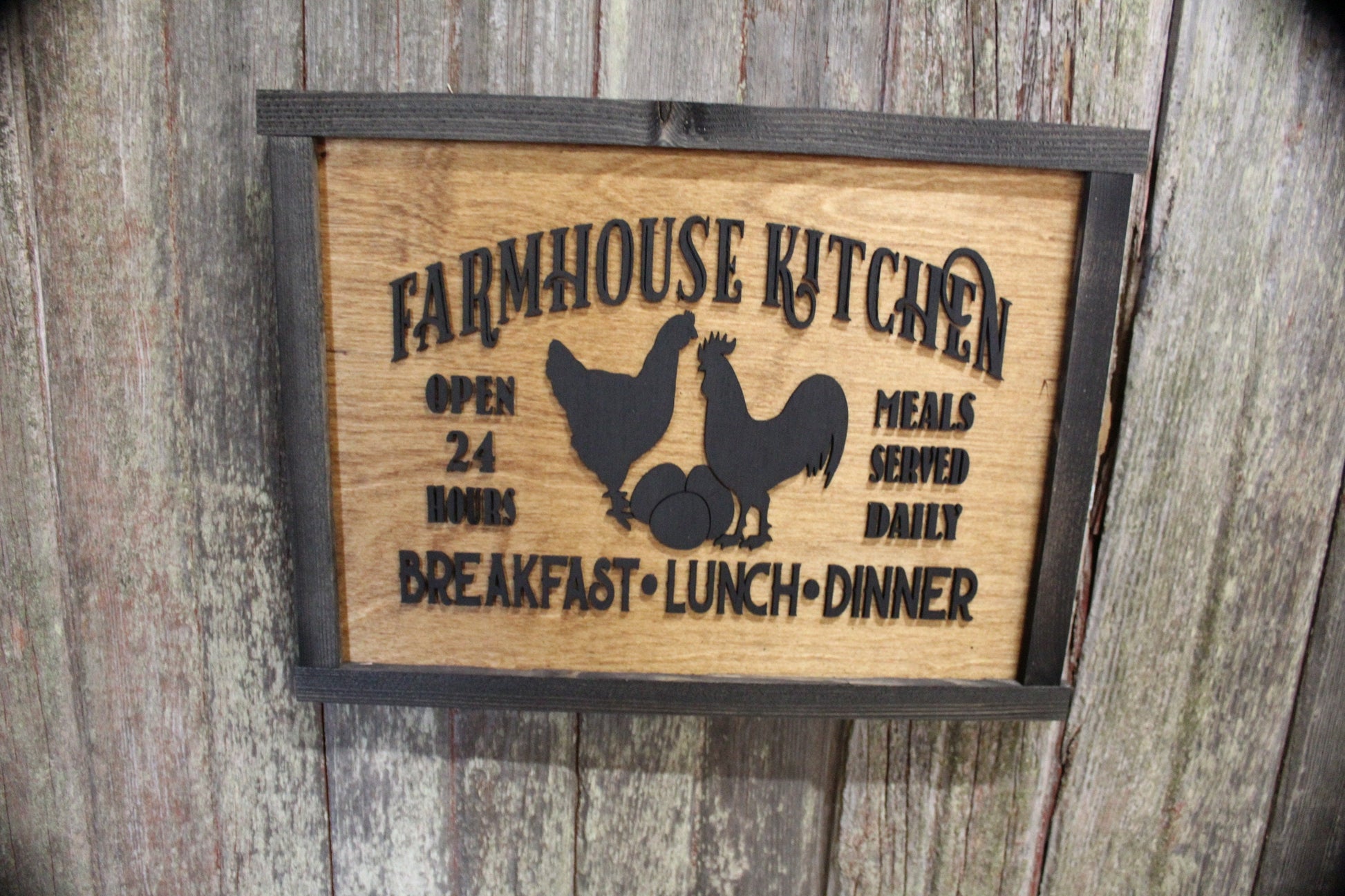 Farmhouse Menu Kitchen Wood Sign Chickens Open 24 Hours Meals Served Daily 3D Raised Text Framed Primitive Cabin Rustic Sign Chick Eggs