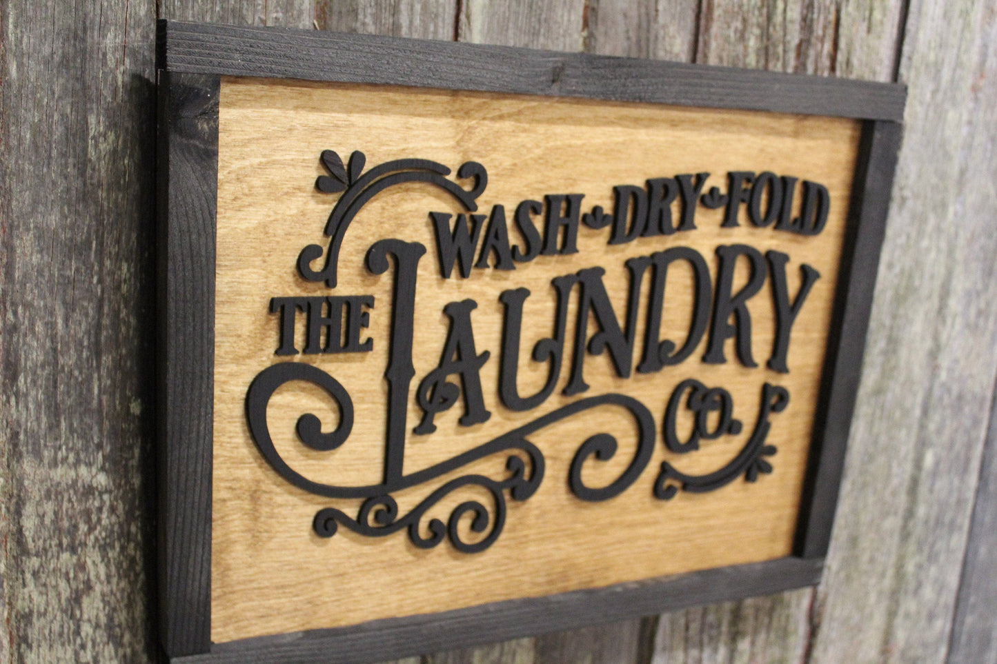 Laundry Room Filigree Scroll Work Hanging Wall Sign Wash Dry Fold 3D Raised Text Black Rustic Primitive Country Barn wood Laser Text Framed