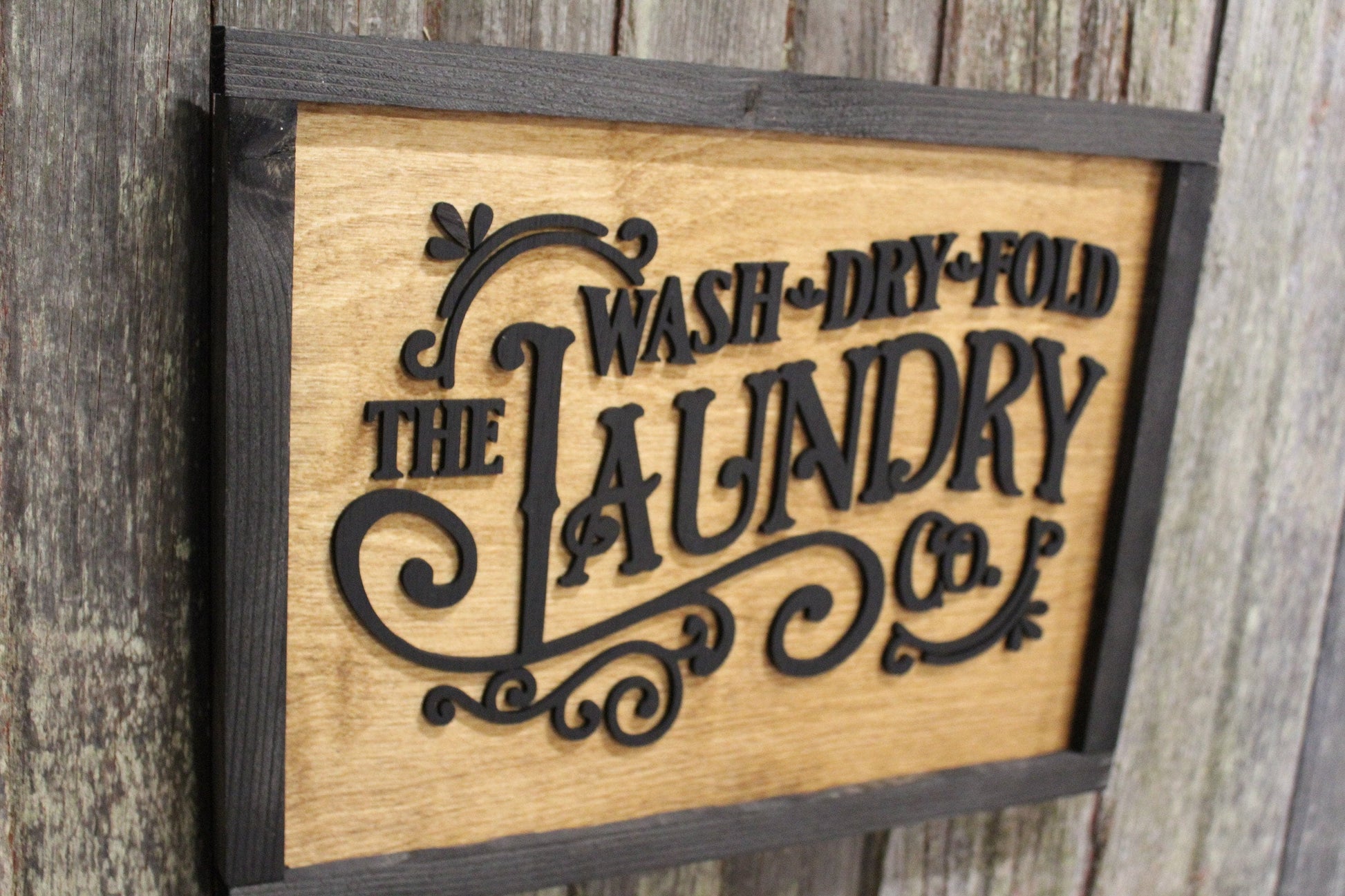 Laundry Room Filigree Scroll Work Hanging Wall Sign Wash Dry Fold 3D Raised Text Black Rustic Primitive Country Barn wood Laser Text Framed