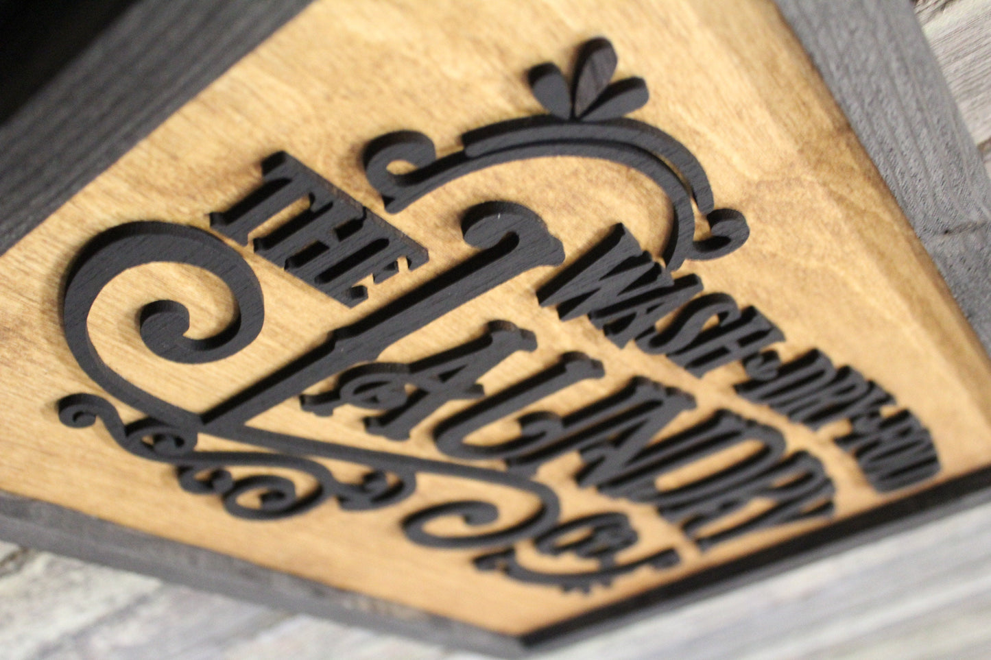 Laundry Room Filigree Scroll Work Hanging Wall Sign Wash Dry Fold 3D Raised Text Black Rustic Primitive Country Barn wood Laser Text Framed