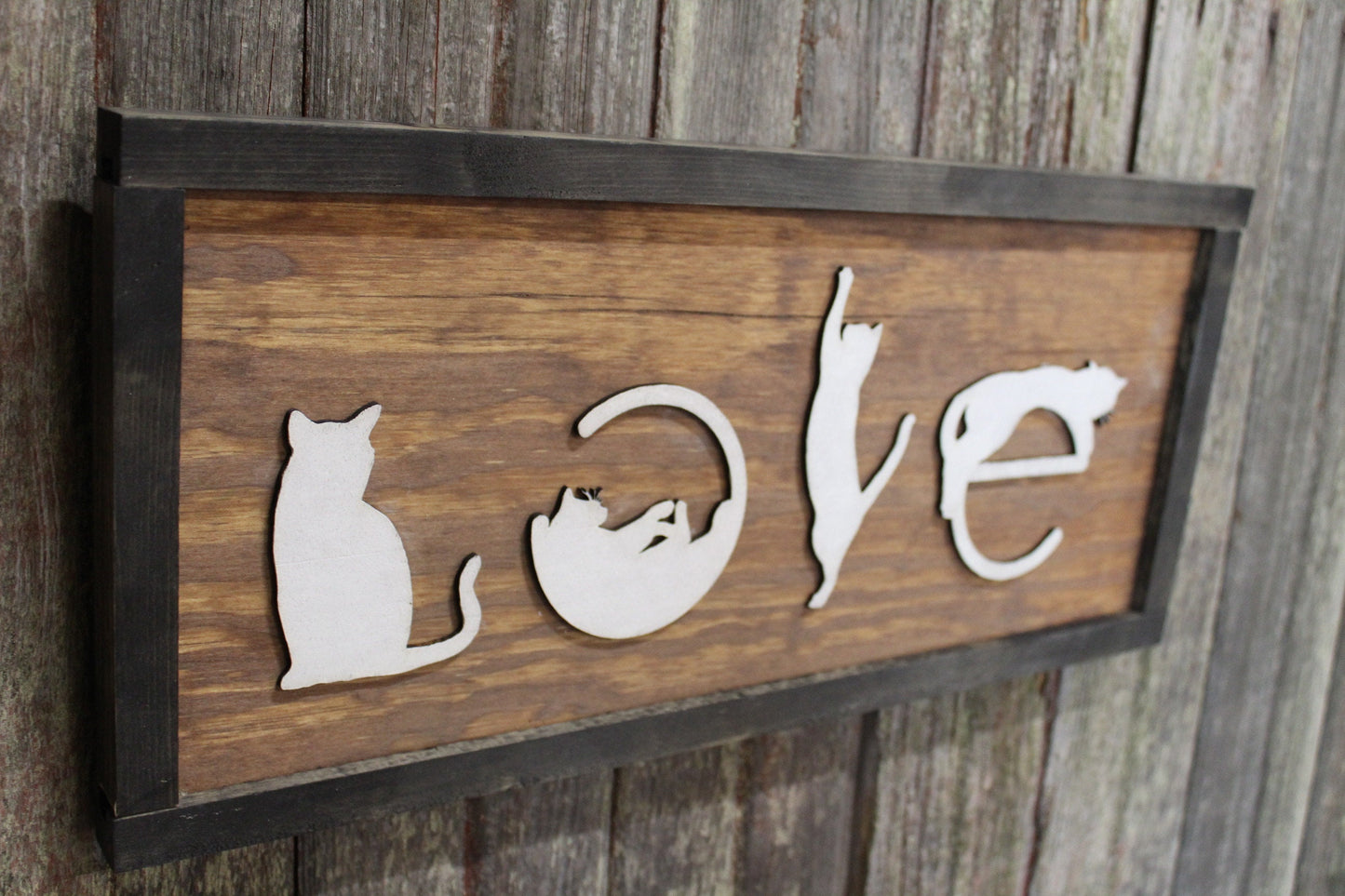 Love Spelled with Kittens Cats Cat Silhouette Pet Rustic Primitive Cat Lover Gift Wood Sign 3D Raised Image White Brown Frame Decoration