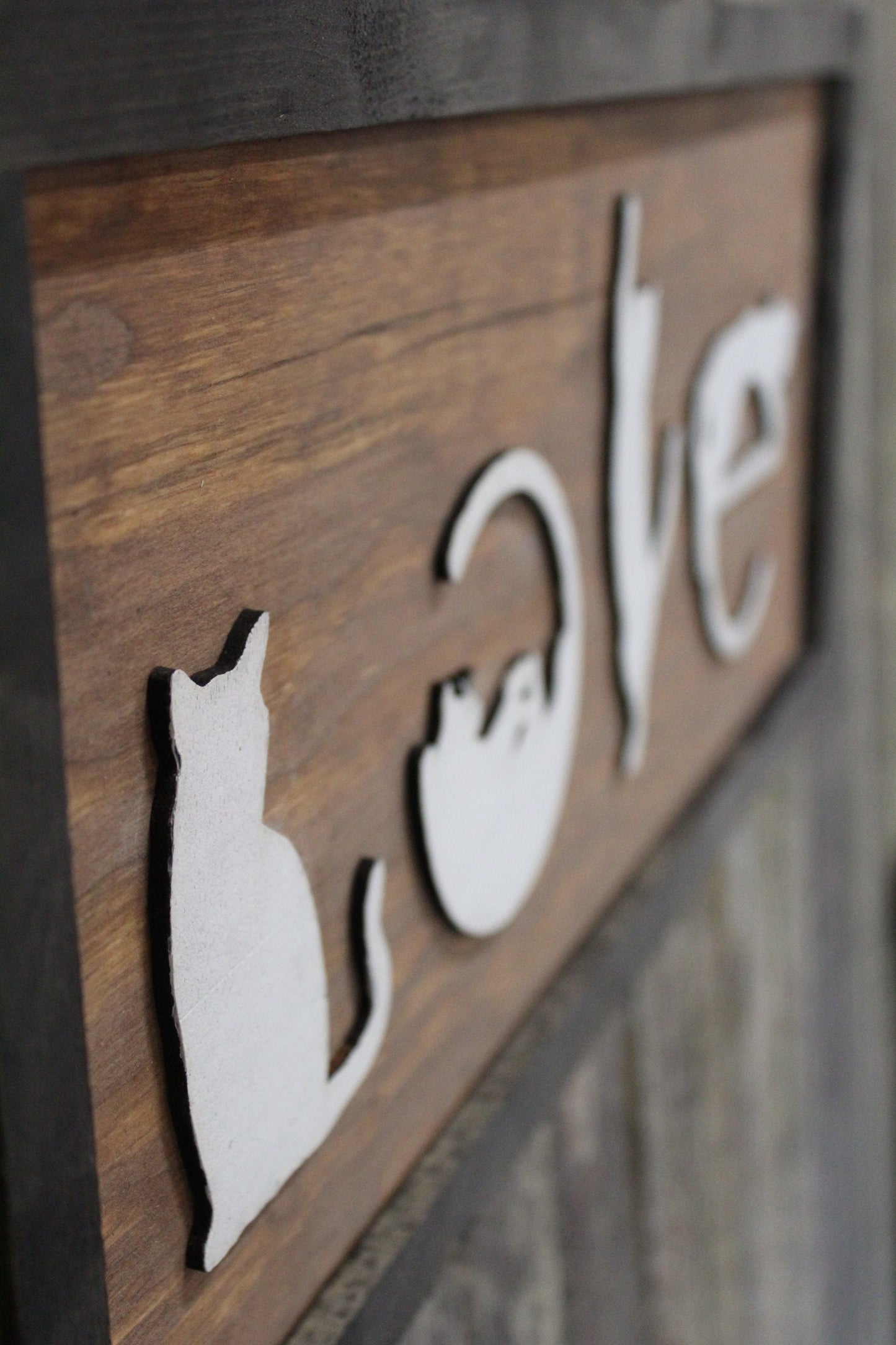 Love Spelled with Kittens Cats Cat Silhouette Pet Rustic Primitive Cat Lover Gift Wood Sign 3D Raised Image White Brown Frame Decoration