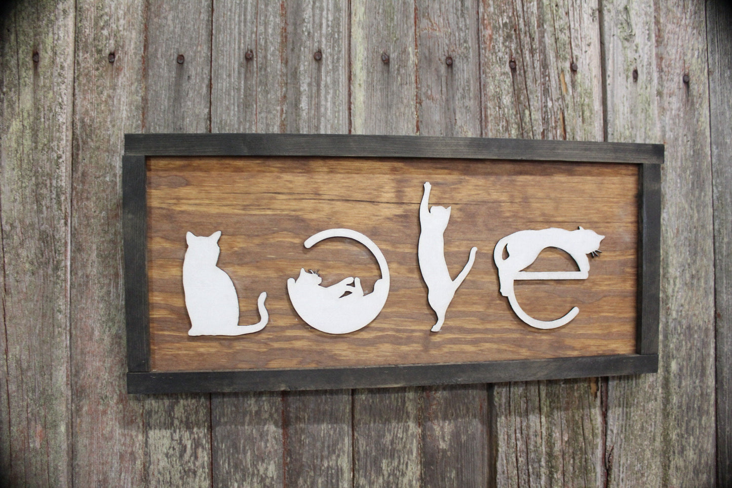 Love Spelled with Kittens Cats Cat Silhouette Pet Rustic Primitive Cat Lover Gift Wood Sign 3D Raised Image White Brown Frame Decoration