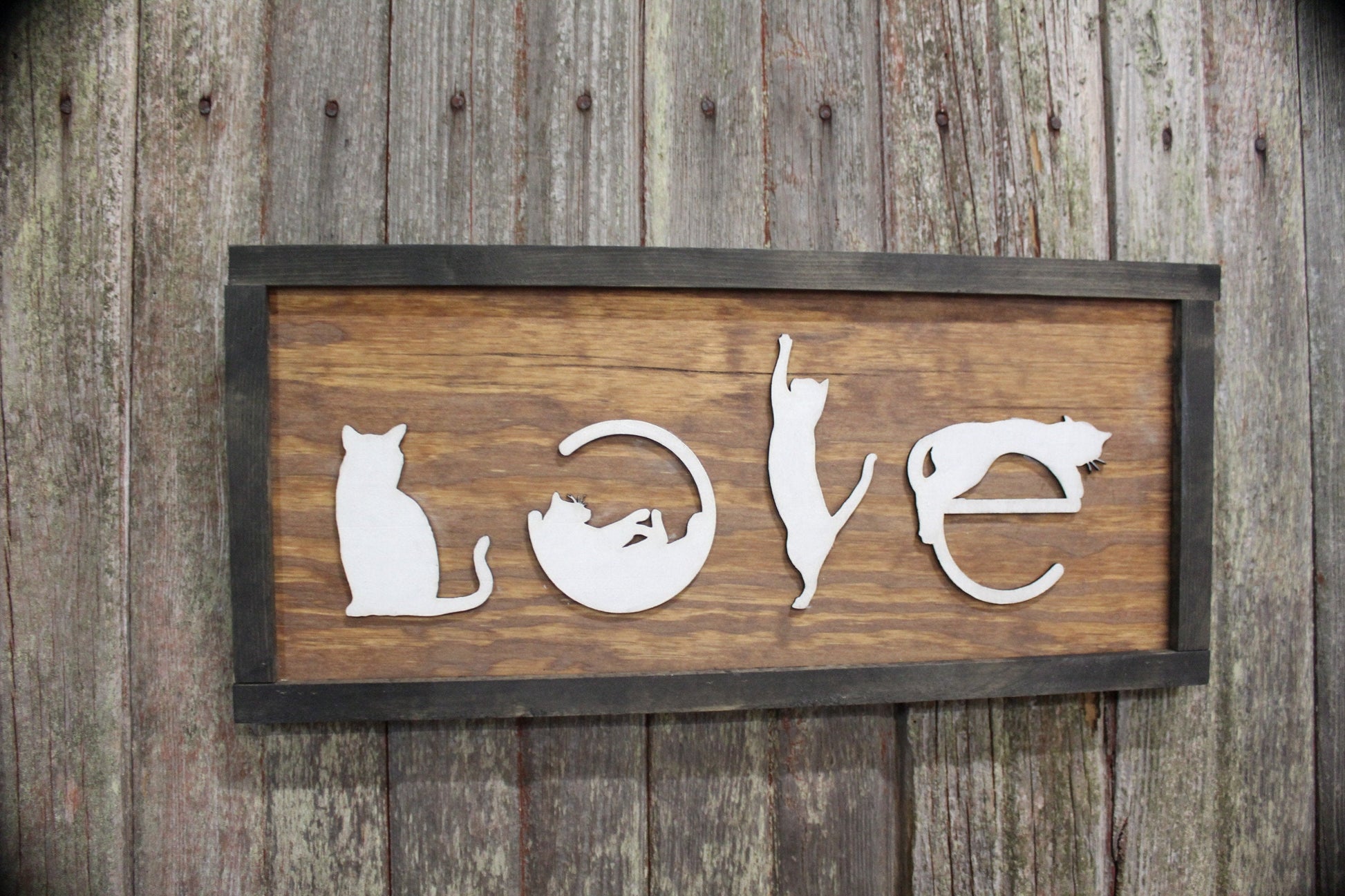 Love Spelled with Kittens Cats Cat Silhouette Pet Rustic Primitive Cat Lover Gift Wood Sign 3D Raised Image White Brown Frame Decoration