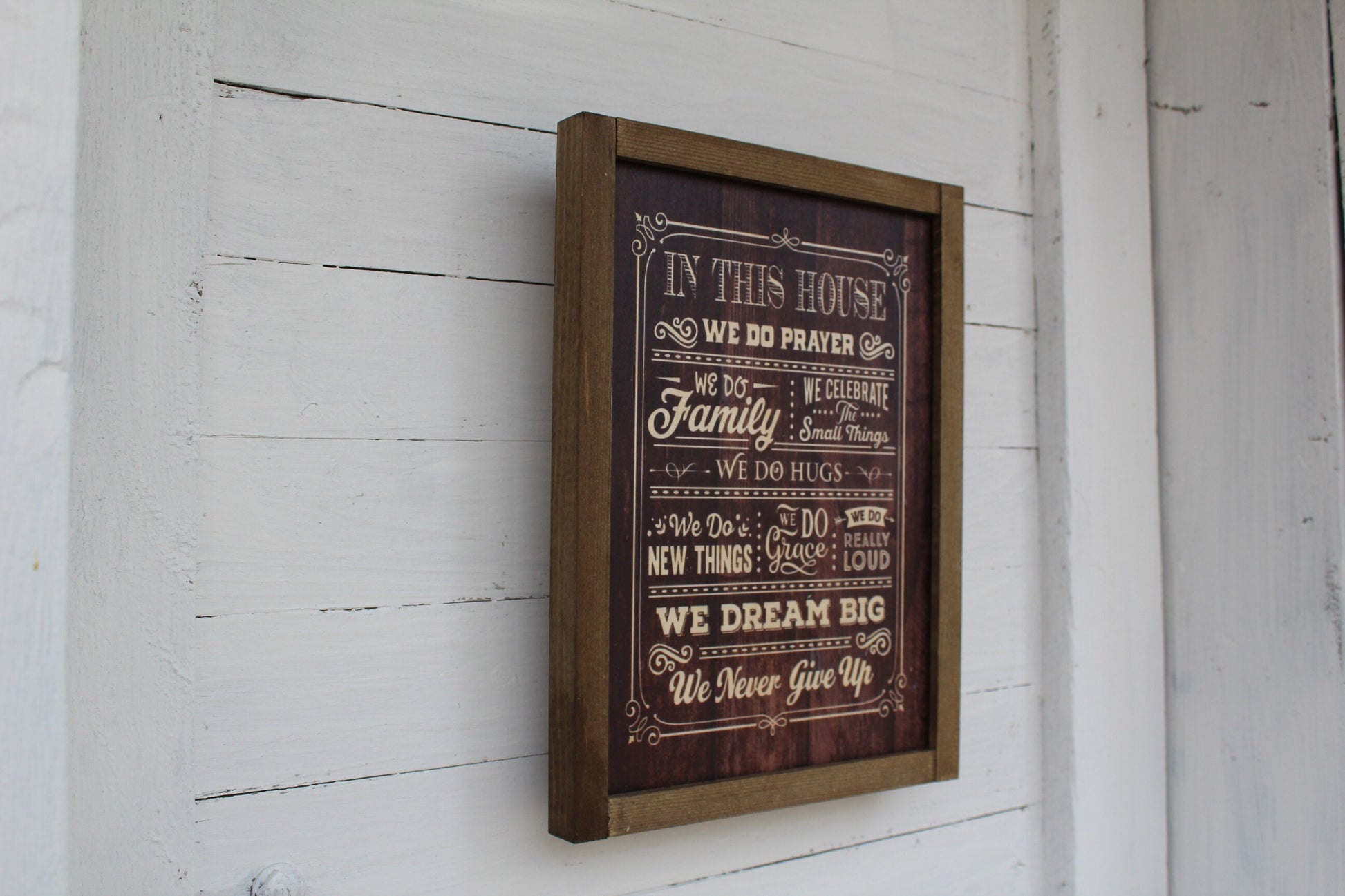 In This House Wood Sign Family Celebrate Hugs Grace Loud Dream Big Never Give Up Print Farmhouse Rustic Barnwood Pray Rules List
