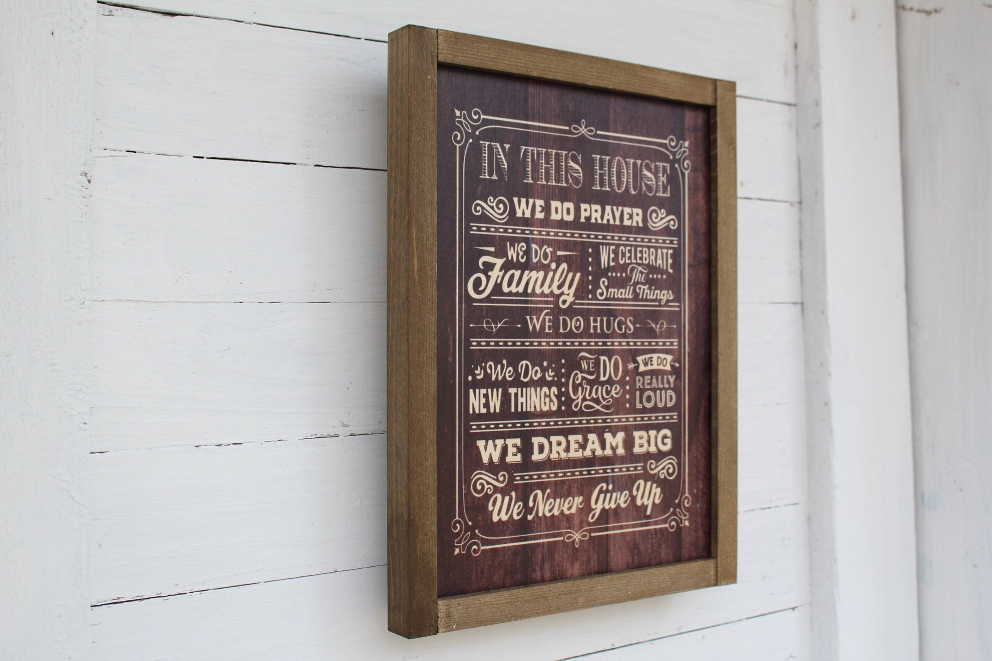 In This House Wood Sign Family Celebrate Hugs Grace Loud Dream Big Never Give Up Print Farmhouse Rustic Barnwood Pray Rules List