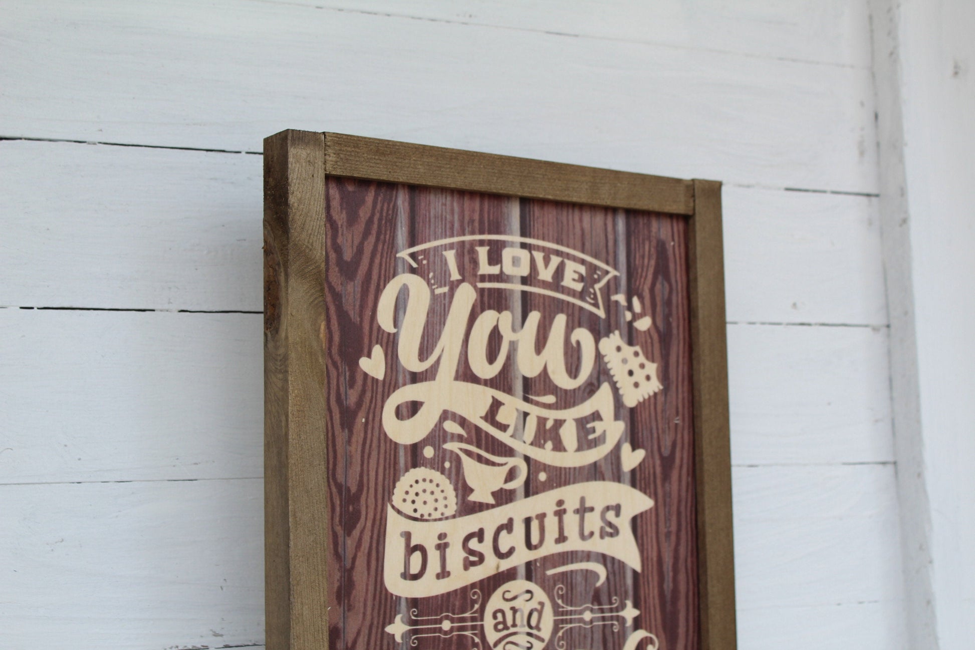 Biscuits and Gravy Kitchen Wood I Love You Sign Print Farmhouse Rustic Barnwood Silly Goofy Text Scroll Framed Wall Art Wood Sign