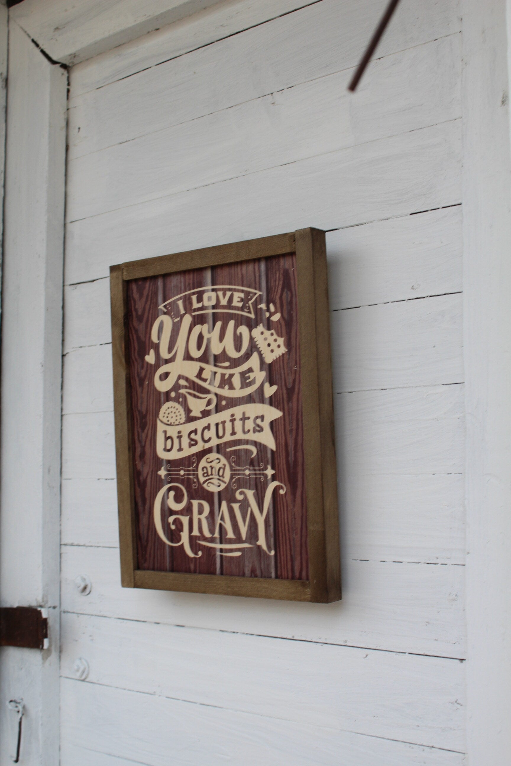 Biscuits and Gravy Kitchen Wood I Love You Sign Print Farmhouse Rustic Barnwood Silly Goofy Text Scroll Framed Wall Art Wood Sign
