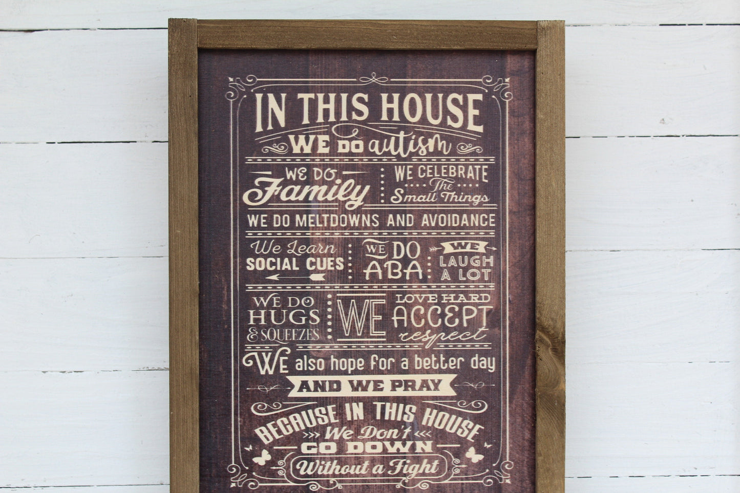 In This House We Do Autism Wood Sign Family Social Cues Celebrate ABA Hugs Prayer Wall Art Print Rustic Pallet Wood Hugs Love Meltdowns