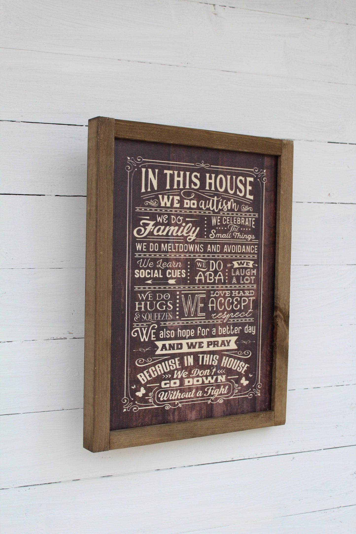 In This House We Do Autism Wood Sign Family Social Cues Celebrate ABA Hugs Prayer Wall Art Print Rustic Pallet Wood Hugs Love Meltdowns