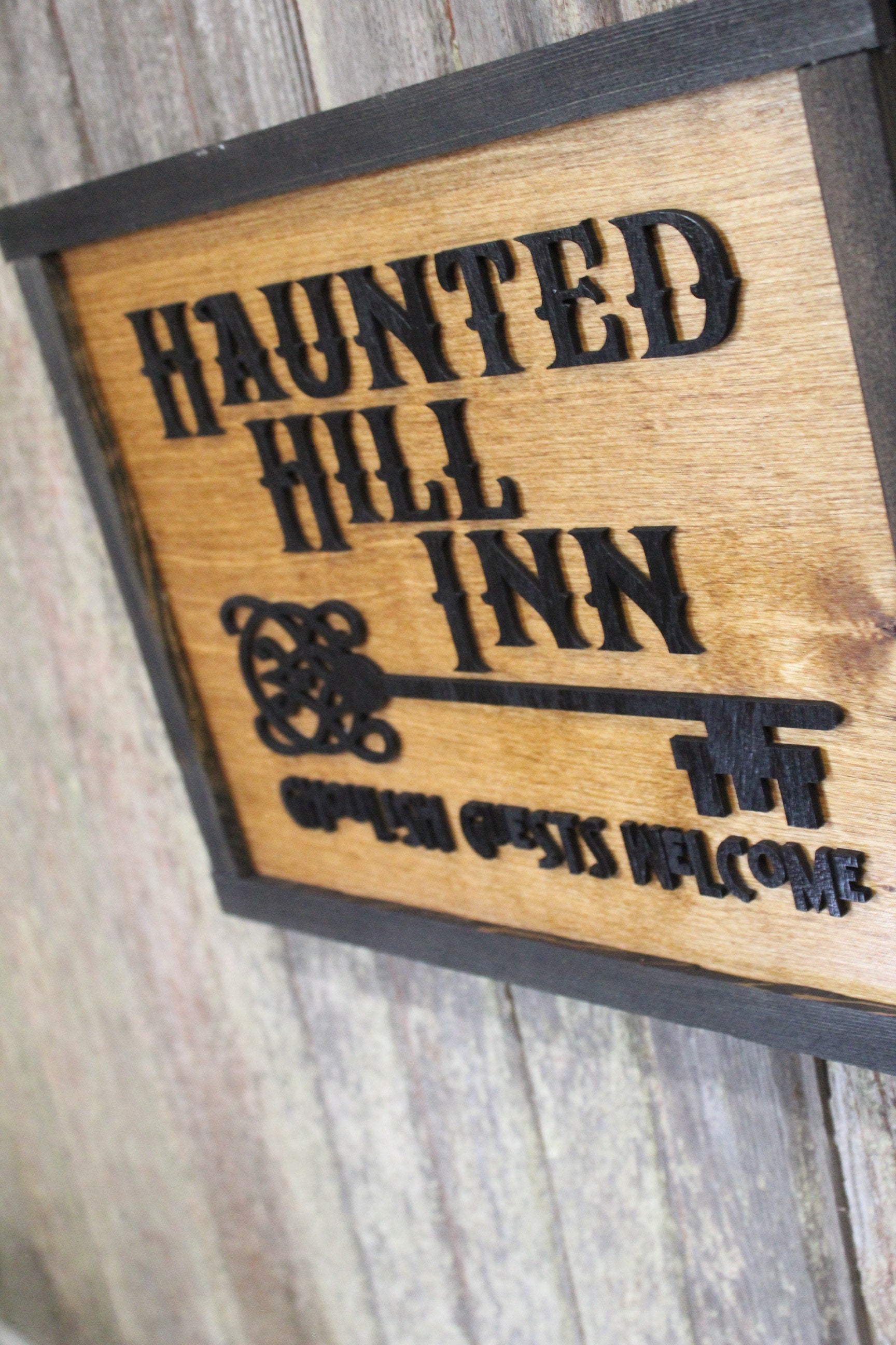 Haunted Hill Inn Halloween Wood Sign 3D Raised Text Ghoulish Guest Welcome BNB Wall Decor Decoration Ghost Rustic Country Picture Primitive