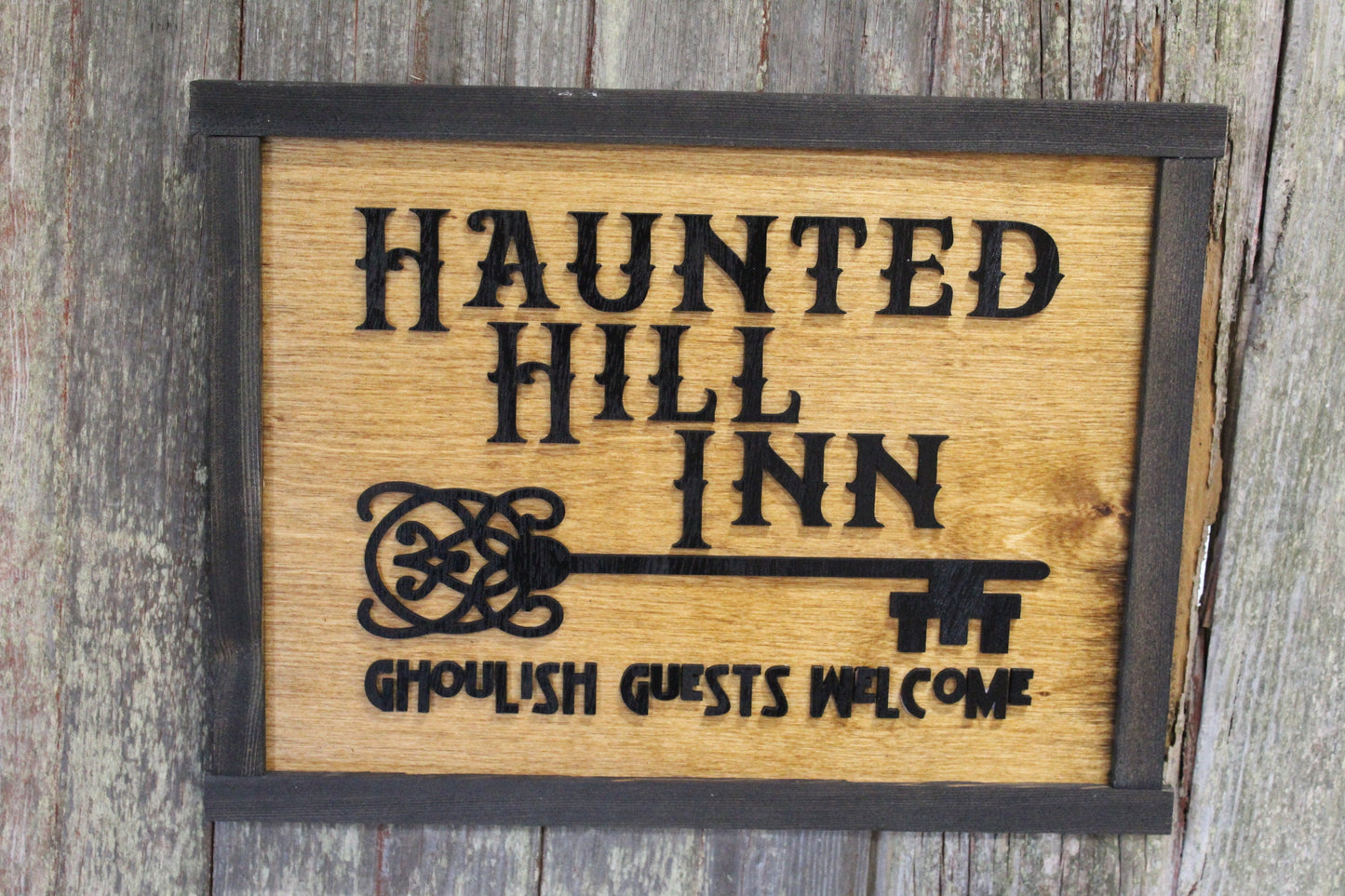 Haunted Hill Inn Halloween Wood Sign 3D Raised Text Ghoulish Guest Welcome BNB Wall Decor Decoration Ghost Rustic Country Picture Primitive