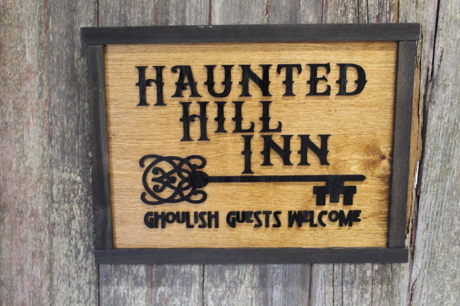 Haunted Hill Inn Halloween Wood Sign 3D Raised Text Ghoulish Guest Welcome BNB Wall Decor Decoration Ghost Rustic Country Picture Primitive
