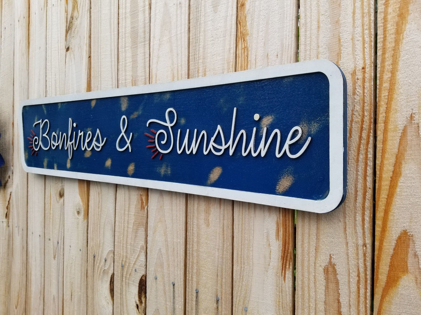 Bonfires and Sunshine Raised Text Wood Sign Camping Rustic Red White Blue Handmade 3D Patriotic Summer Outdoors Porch Sign Garden Fire