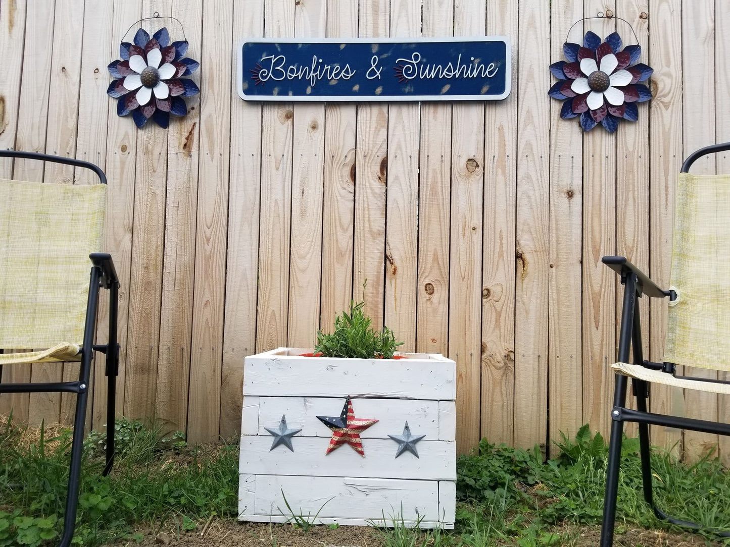 Bonfires and Sunshine Raised Text Wood Sign Camping Rustic Red White Blue Handmade 3D Patriotic Summer Outdoors Porch Sign Garden Fire