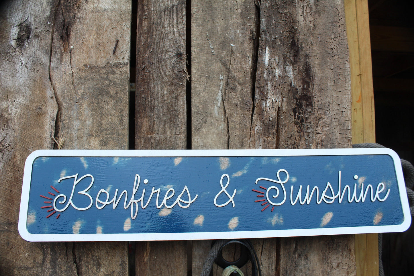 Bonfires and Sunshine Raised Text Wood Sign Camping Rustic Red White Blue Handmade 3D Patriotic Summer Outdoors Porch Sign Garden Fire