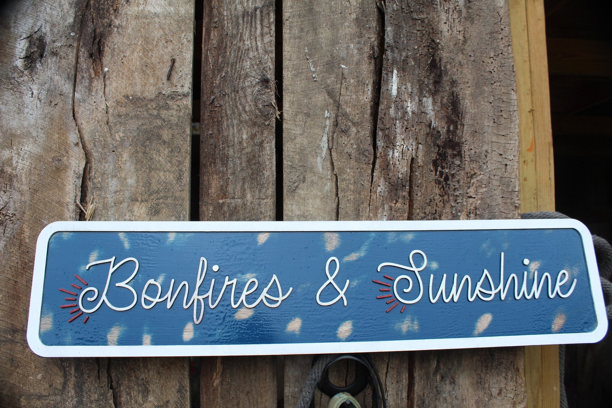 Bonfires and Sunshine Raised Text Wood Sign Camping Rustic Red White Blue Handmade 3D Patriotic Summer Outdoors Porch Sign Garden Fire