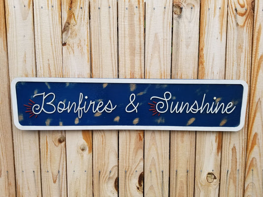 Bonfires and Sunshine Raised Text Wood Sign Camping Rustic Red White Blue Handmade 3D Patriotic Summer Outdoors Porch Sign Garden Fire