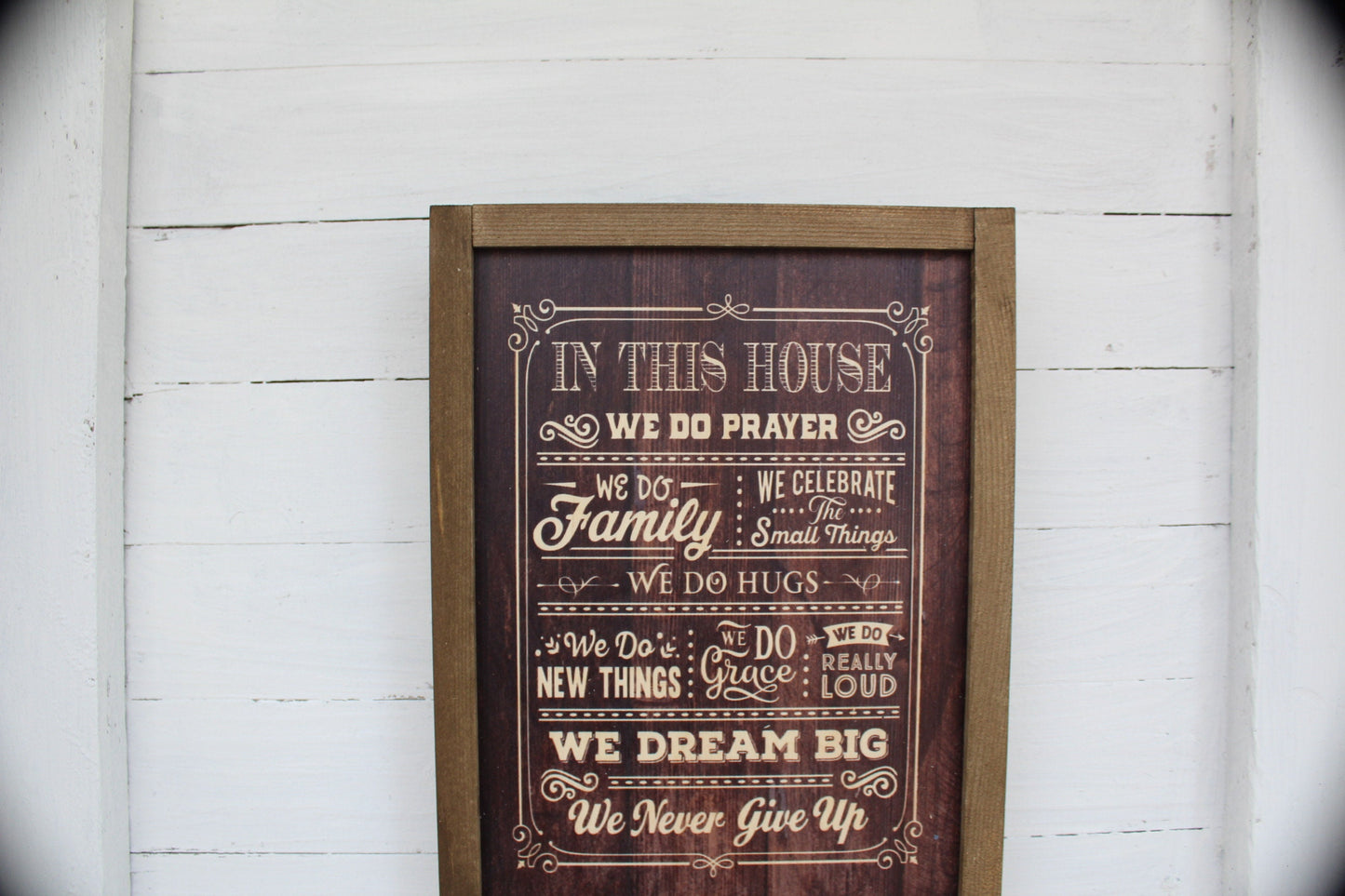 In This House Wood Sign Family Celebrate Hugs Grace Loud Dream Big Never Give Up Print Farmhouse Rustic Barnwood Pray Rules List