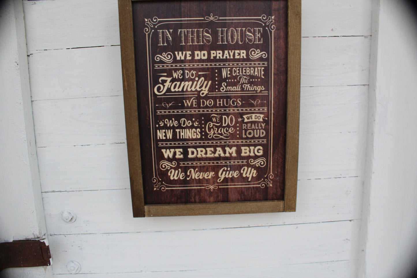 In This House Wood Sign Family Celebrate Hugs Grace Loud Dream Big Never Give Up Print Farmhouse Rustic Barnwood Pray Rules List