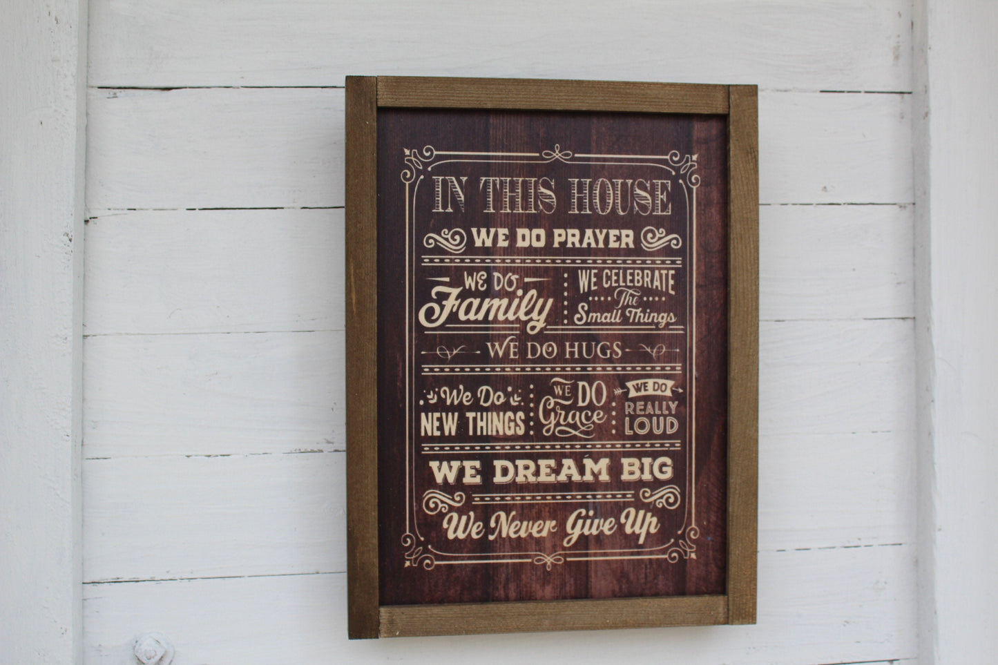 In This House Wood Sign Family Celebrate Hugs Grace Loud Dream Big Never Give Up Print Farmhouse Rustic Barnwood Pray Rules List