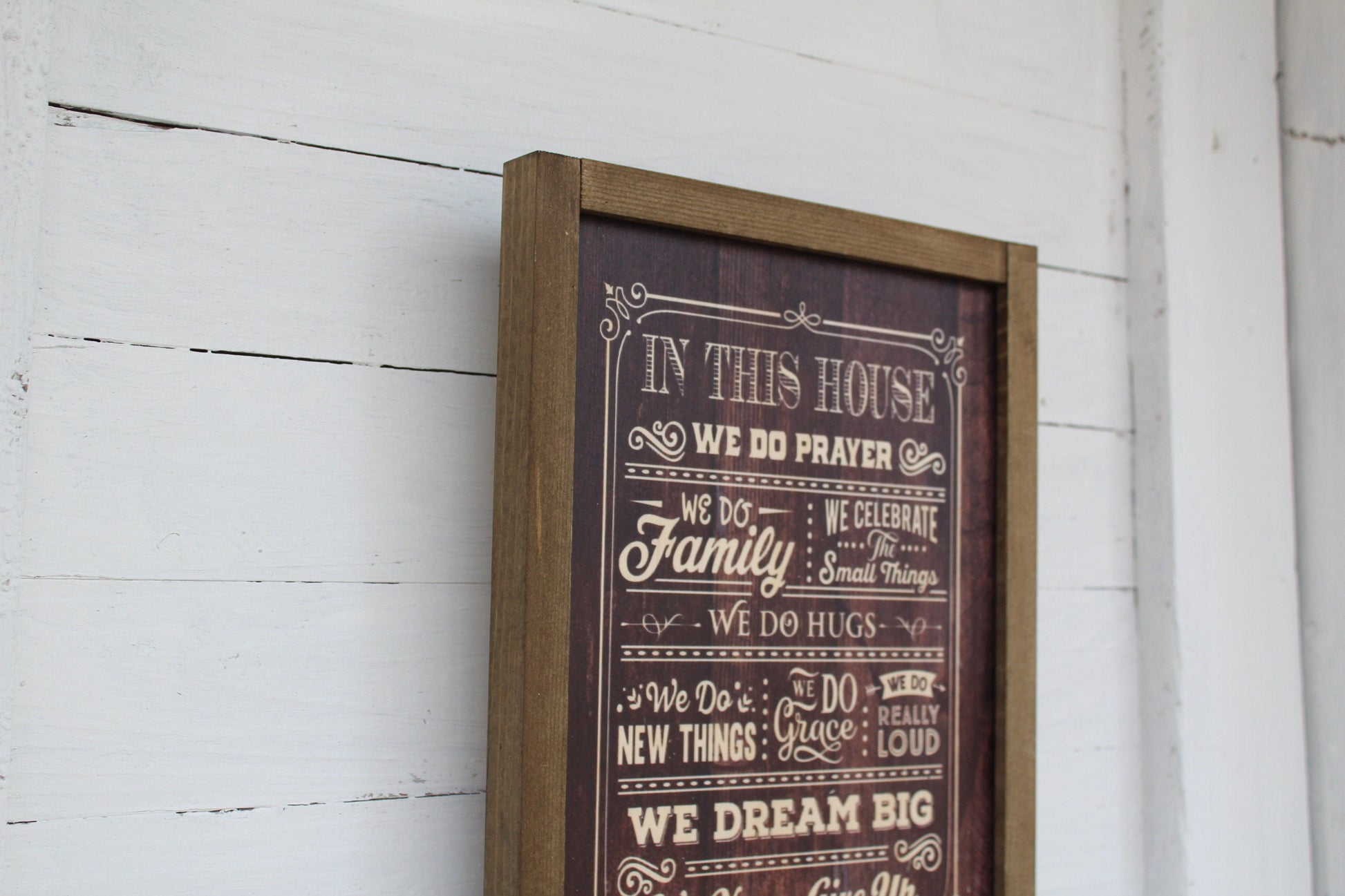 In This House Wood Sign Family Celebrate Hugs Grace Loud Dream Big Never Give Up Print Farmhouse Rustic Barnwood Pray Rules List