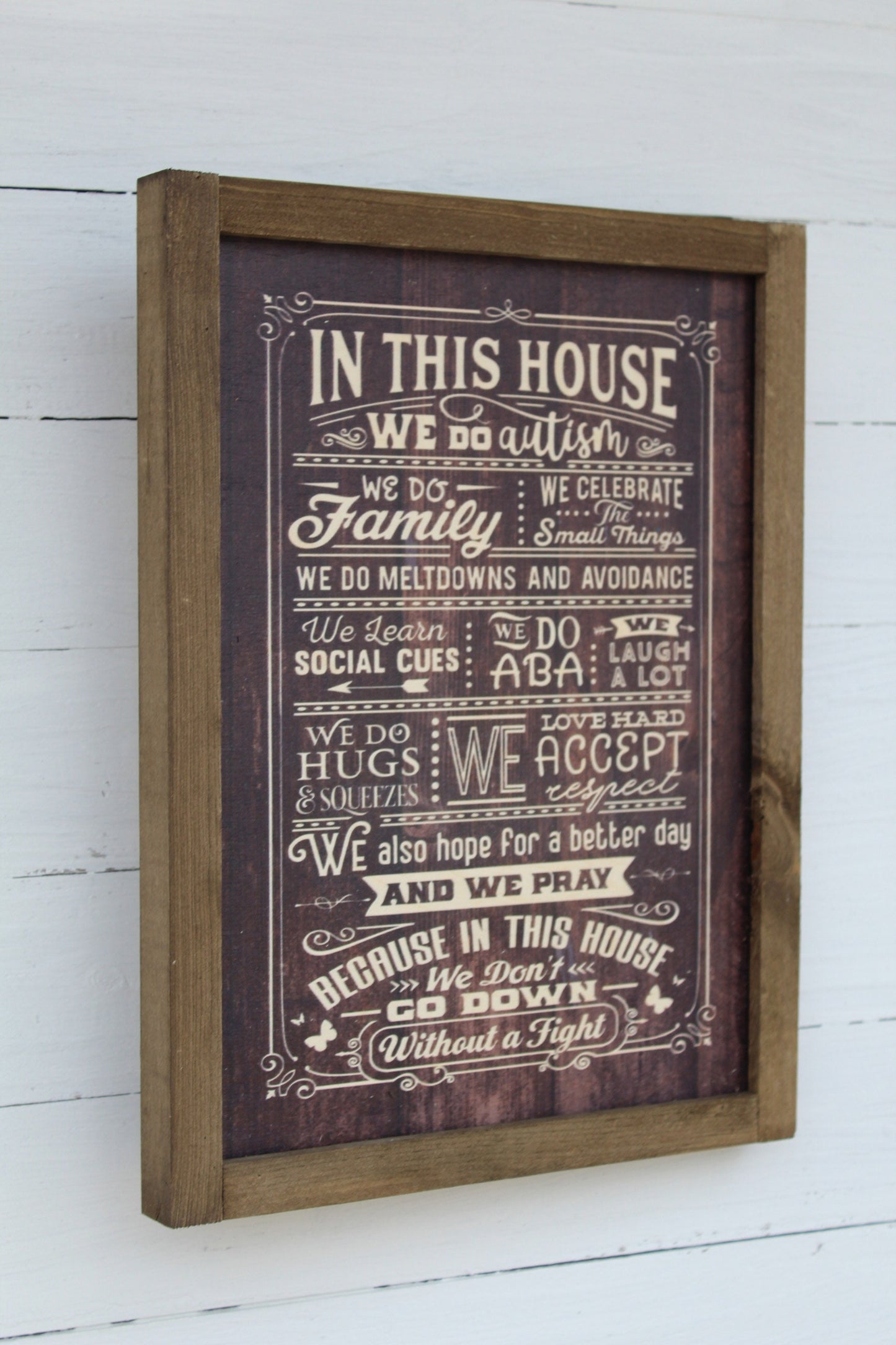 In This House We Do Autism Wood Sign Family Social Cues Celebrate ABA Hugs Prayer Wall Art Print Rustic Pallet Wood Hugs Love Meltdowns