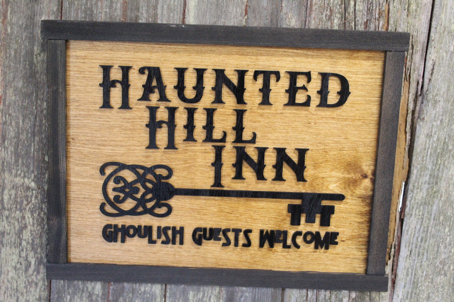 Haunted Hill Inn Halloween Wood Sign 3D Raised Text Ghoulish Guest Welcome BNB Wall Decor Decoration Ghost Rustic Country Picture Primitive