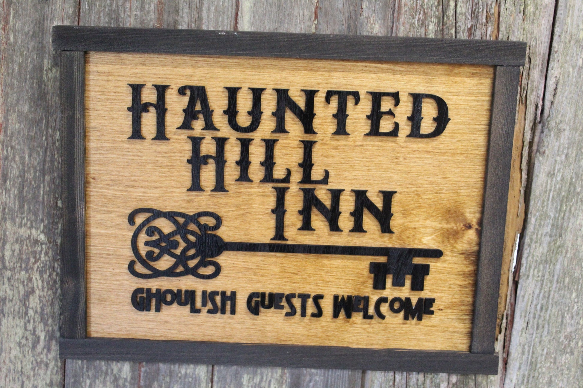 Haunted Hill Inn Halloween Wood Sign 3D Raised Text Ghoulish Guest Welcome BNB Wall Decor Decoration Ghost Rustic Country Picture Primitive