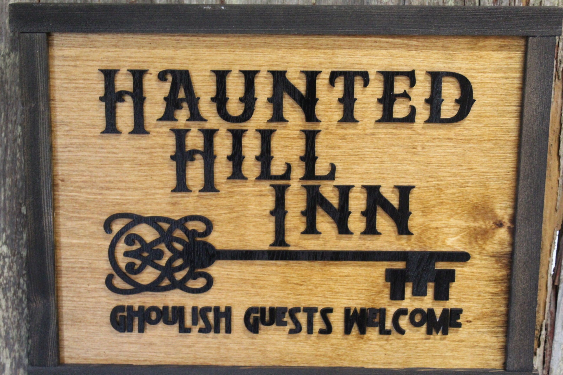 Haunted Hill Inn Halloween Wood Sign 3D Raised Text Ghoulish Guest Welcome BNB Wall Decor Decoration Ghost Rustic Country Picture Primitive