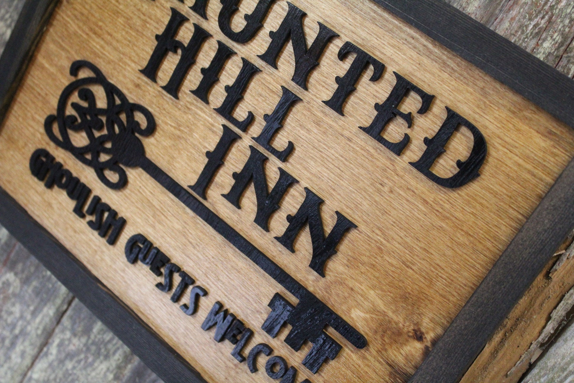 Haunted Hill Inn Halloween Wood Sign 3D Raised Text Ghoulish Guest Welcome BNB Wall Decor Decoration Ghost Rustic Country Picture Primitive