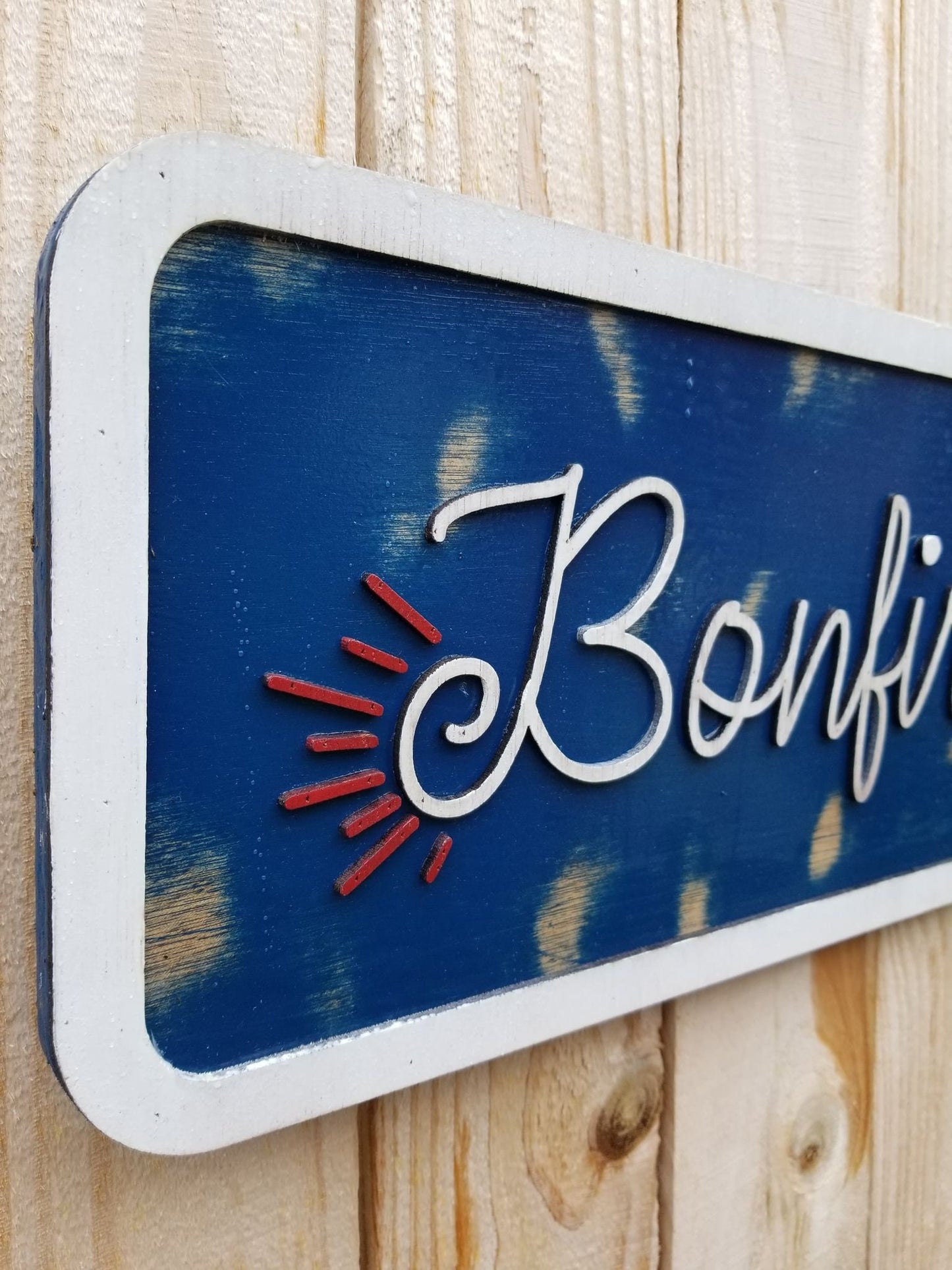 Bonfires and Sunshine Raised Text Wood Sign Camping Rustic Red White Blue Handmade 3D Patriotic Summer Outdoors Porch Sign Garden Fire