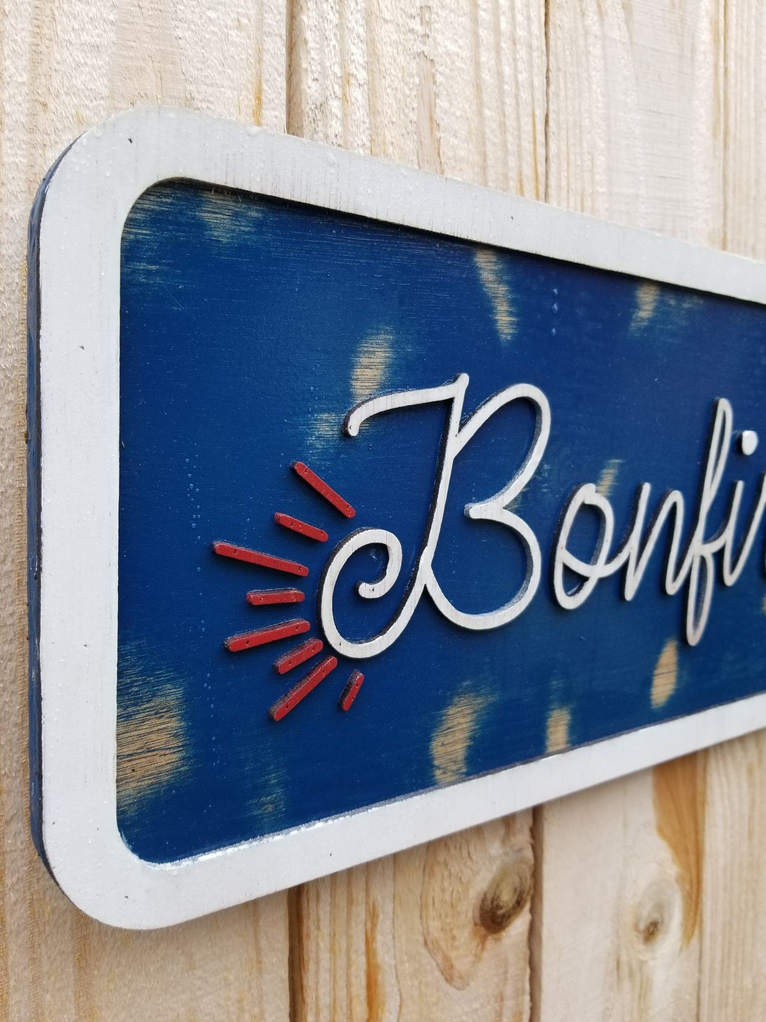 Bonfires and Sunshine Raised Text Wood Sign Camping Rustic Red White Blue Handmade 3D Patriotic Summer Outdoors Porch Sign Garden Fire