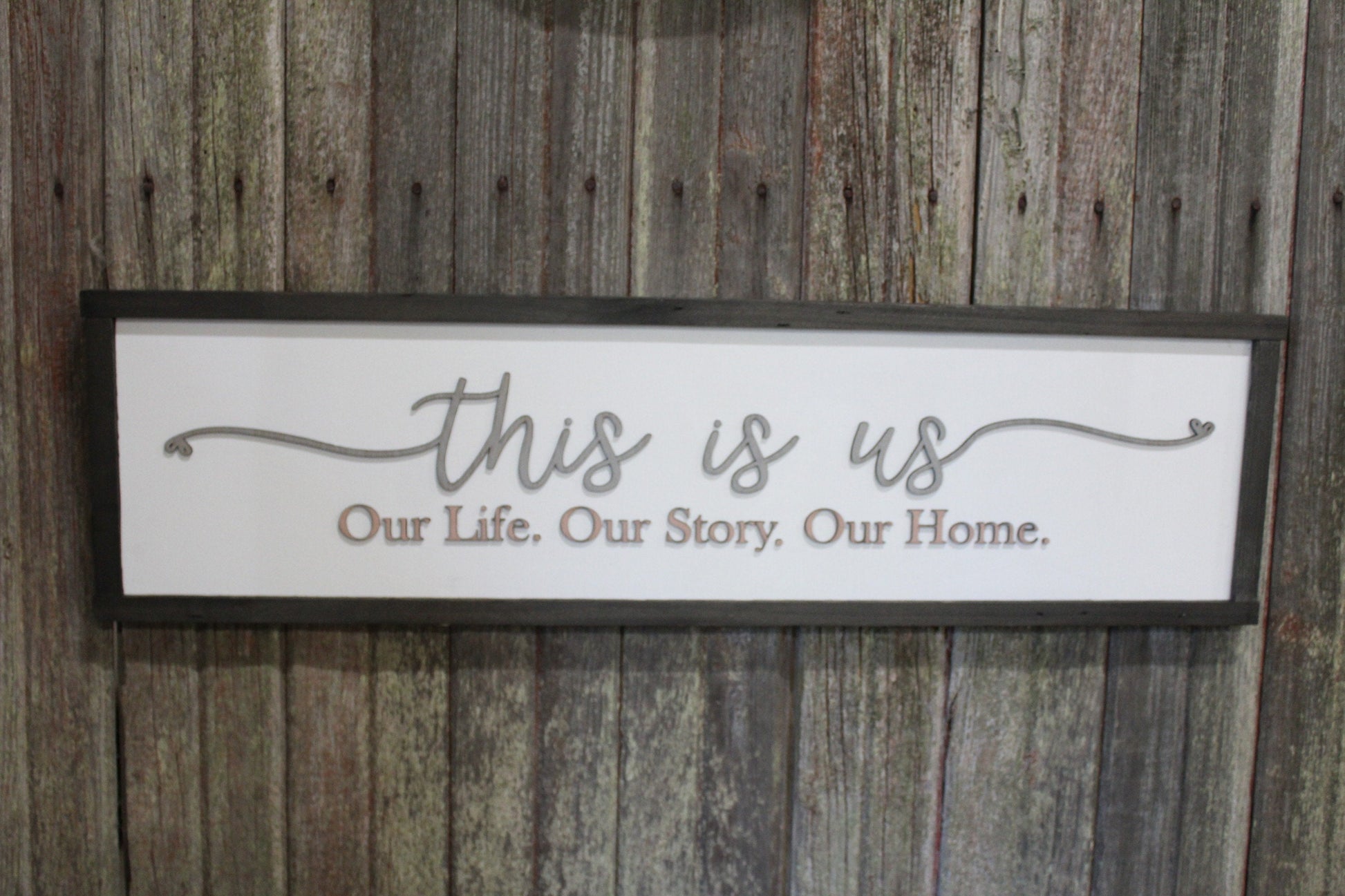 This is Us Our Life Our Story Our Home Large family sign wood fireplace living room dinning room shabby cottage chic farmhouse Pink and Gray