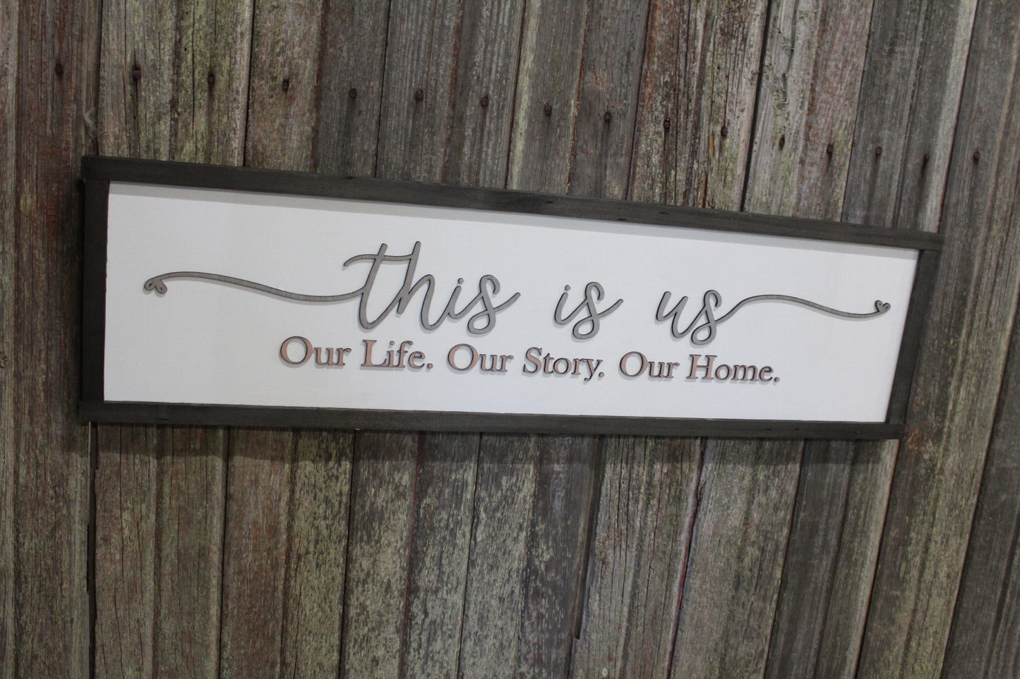 This is Us Our Life Our Story Our Home Large family sign wood fireplace living room dinning room shabby cottage chic farmhouse Pink and Gray