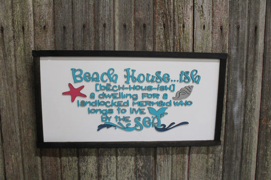 Beach House - Ish Wood Sign Ocean Water Sea Dwelling for a Landlocked Mermaid 3D Raised Text Wall Hanging Decor Rustic Longs for the Sea