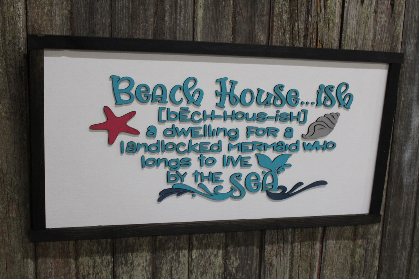 Beach House - Ish Wood Sign Ocean Water Sea Dwelling for a Landlocked Mermaid 3D Raised Text Wall Hanging Decor Rustic Longs for the Sea