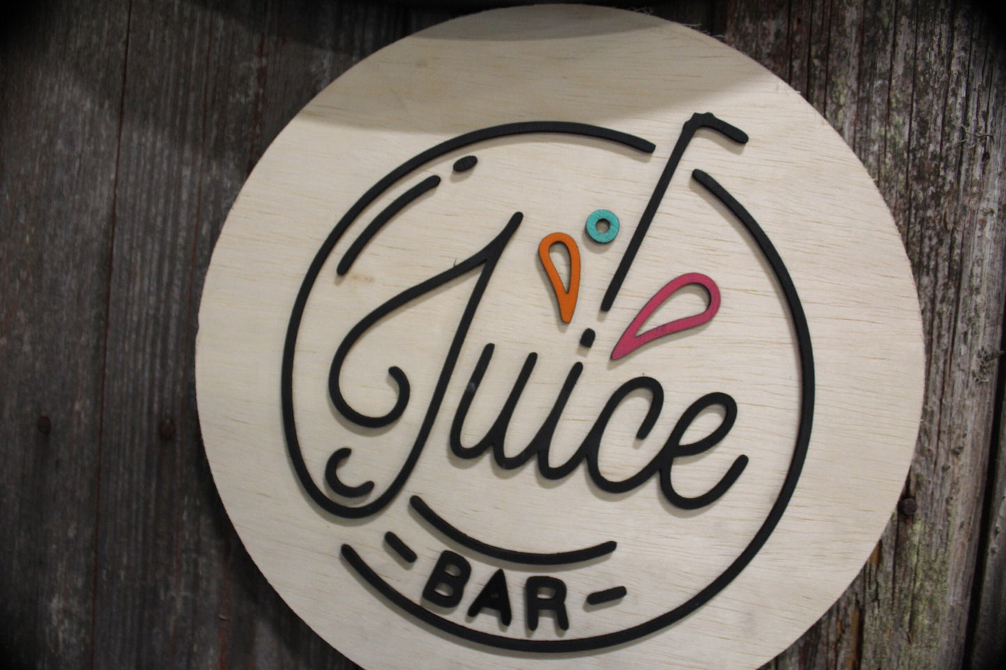 Round Juice Bar Sign Juice Stand 3D Text Large Contemporary Business Sign Straw Fruit Design Wall Art Decoration Wood Sign Lemonade
