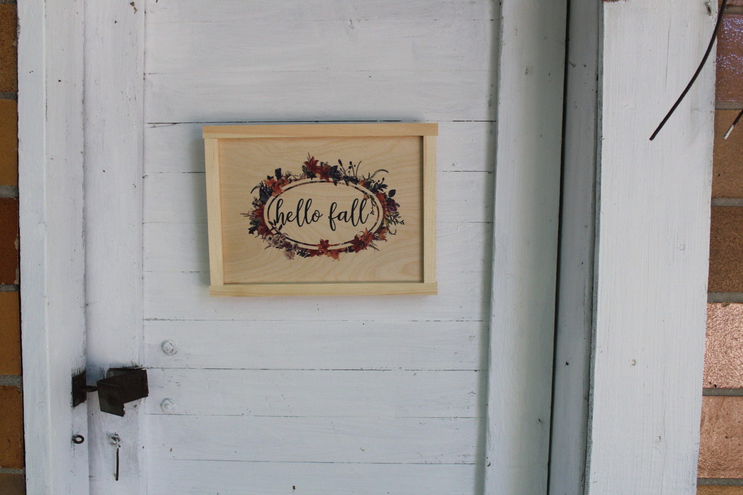 Hello Fall Colorful Wreath Wood Sign Rustic Wall Hanging Leaves Blue Mauve Natural Wood Framed Print Text Country Decoration Gift Simple