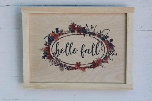 Hello Fall Colorful Wreath Wood Sign Rustic Wall Hanging Leaves Blue Mauve Natural Wood Framed Print Text Country Decoration Gift Simple