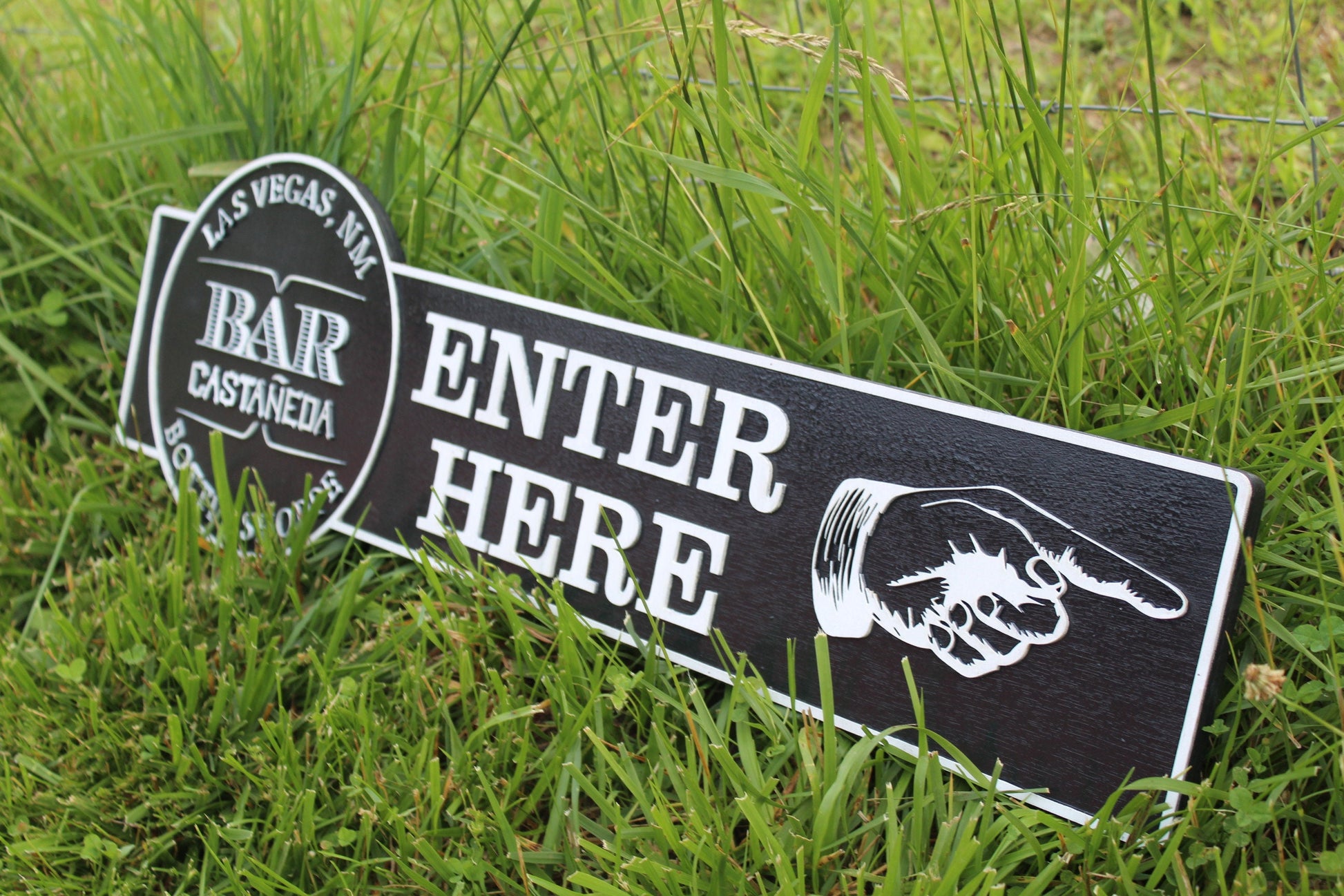 Custom Signage Logo Vintage Bar Sign Bottle Shop Enter Here ExtraLarge Finger Pointing Rustic Small Company Restaurant Indoor Outdoor Emblem