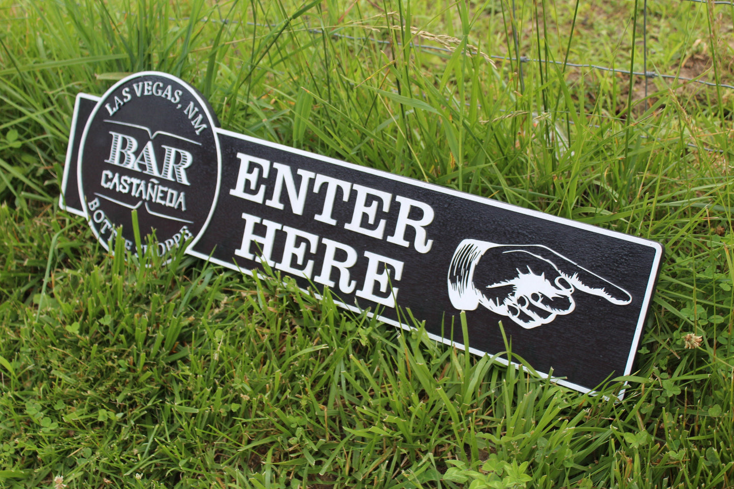 Custom Signage Logo Vintage Bar Sign Bottle Shop Enter Here ExtraLarge Finger Pointing Rustic Small Company Restaurant Indoor Outdoor Emblem
