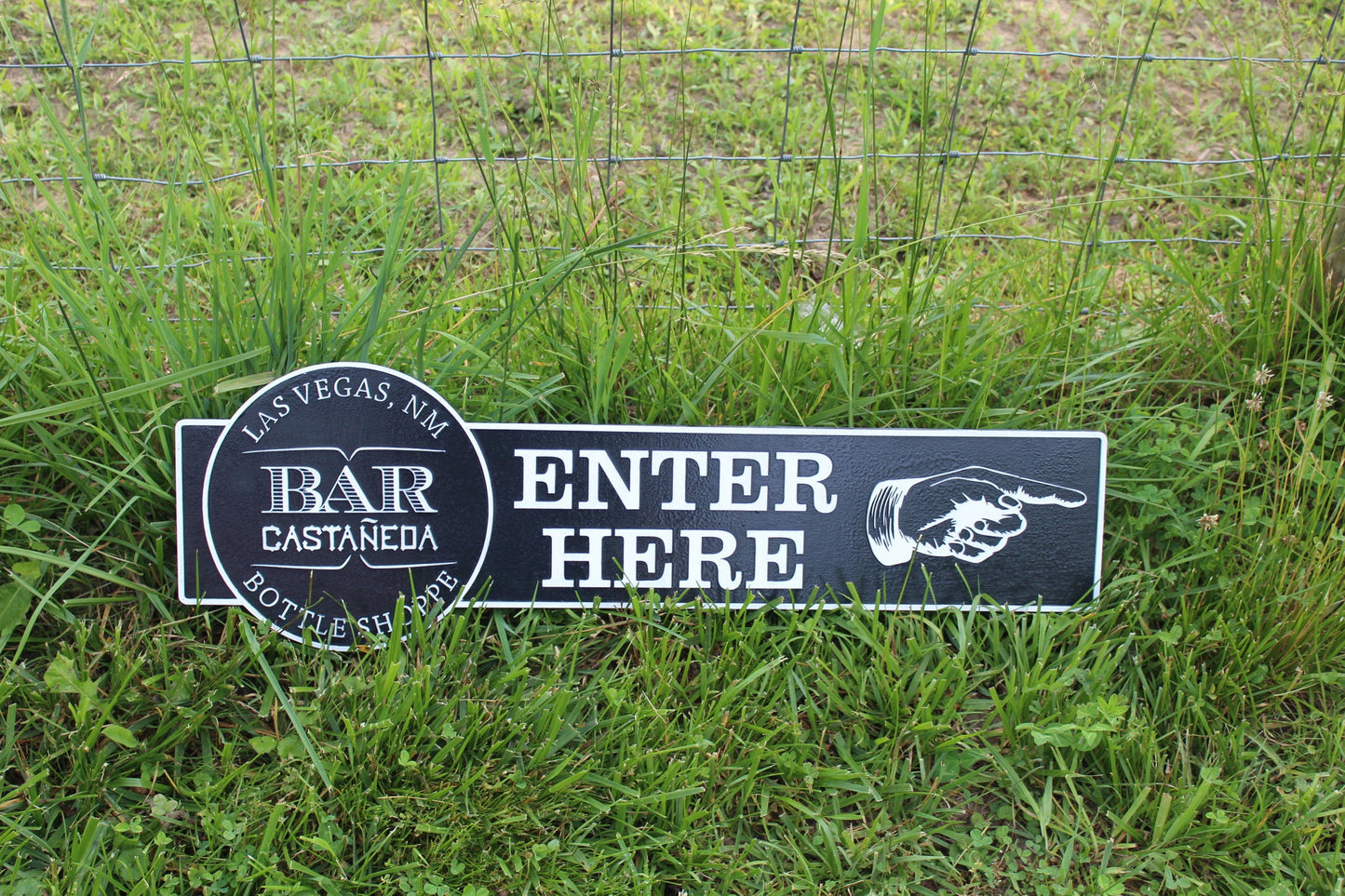 Custom Signage Logo Vintage Bar Sign Bottle Shop Enter Here ExtraLarge Finger Pointing Rustic Small Company Restaurant Indoor Outdoor Emblem