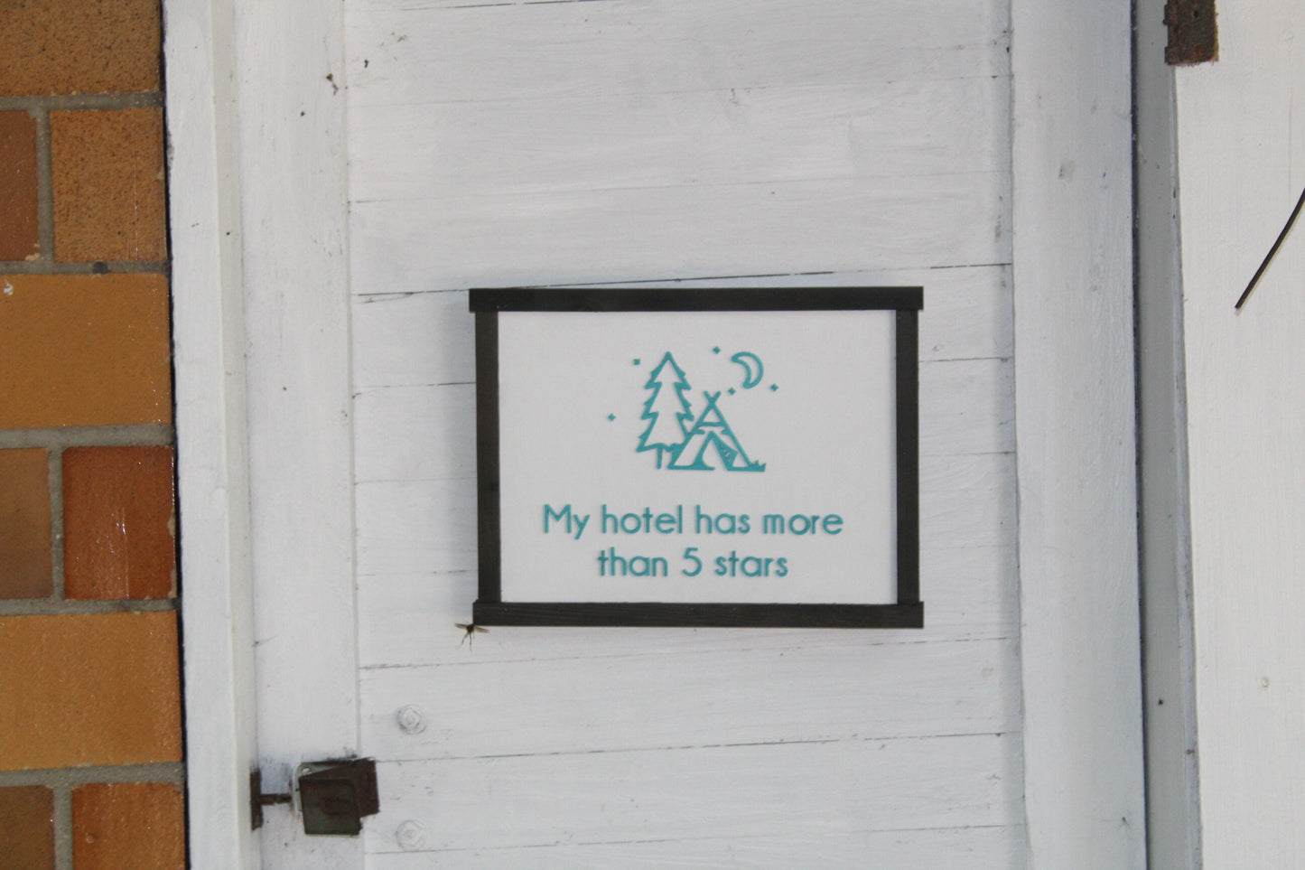 My Hotel Has More Than Five Stars Camping Wood Sign Text Motor Home Camper Life Wall Hanging Decoration Rustic Decor Teal White Farmhouse