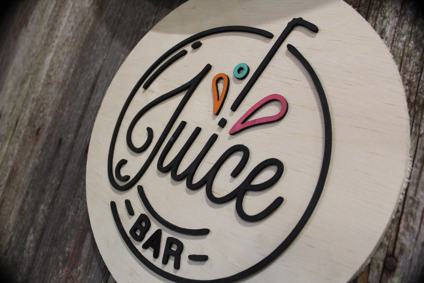 Round Juice Bar Sign Juice Stand 3D Text Large Contemporary Business Sign Straw Fruit Design Wall Art Decoration Wood Sign Lemonade